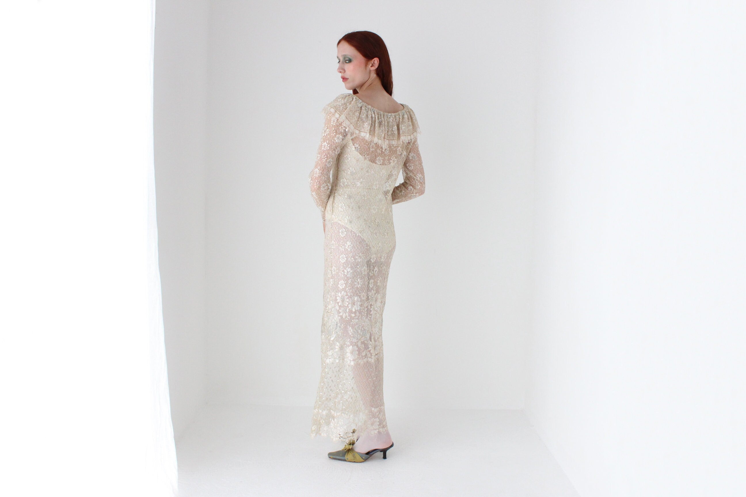 Romantic 1970s Gold Sheer Lace Ruffle Neck Wedding Dress