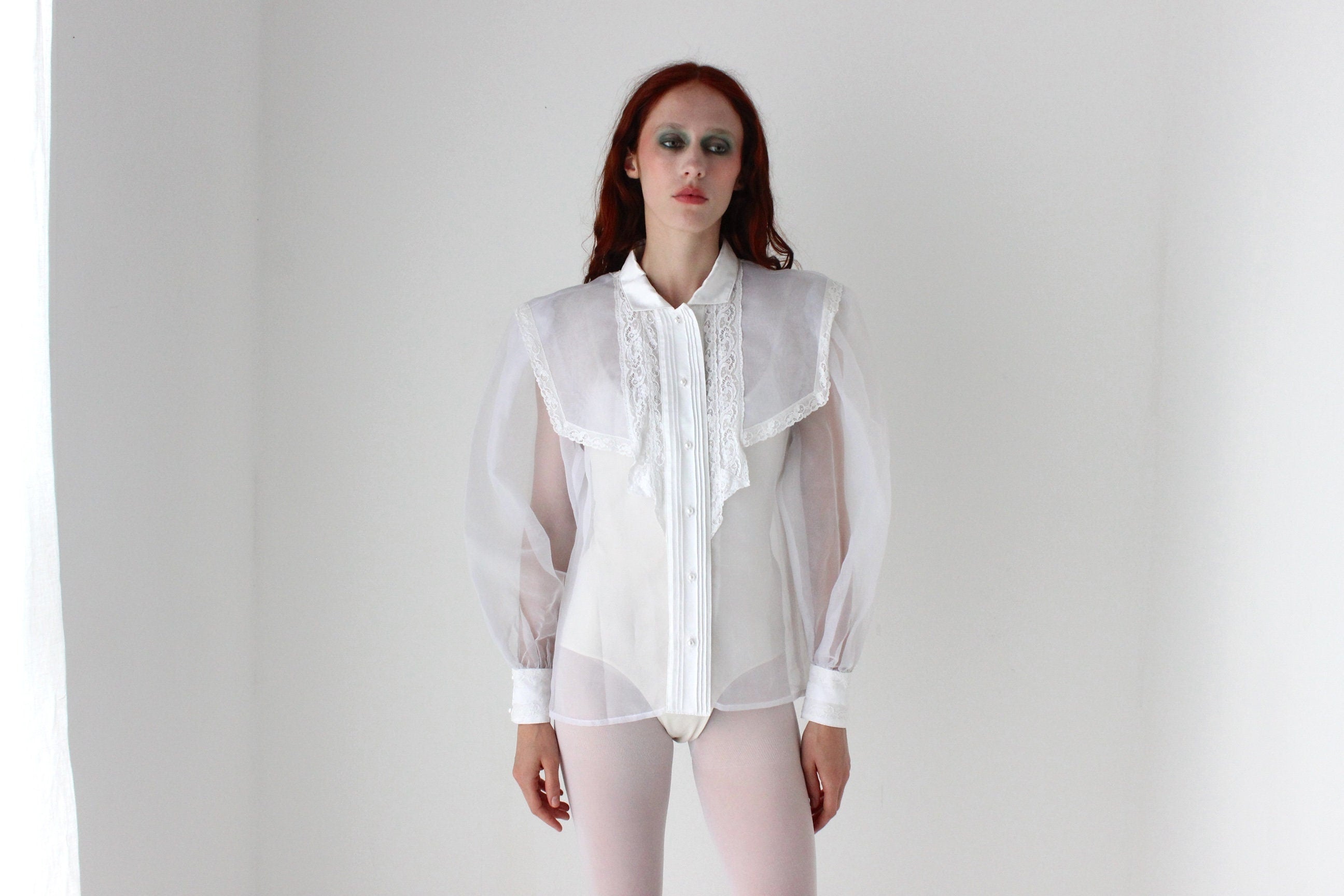 Fabulous 80s Structured White Organza Puff Blouson Sleeve Top
