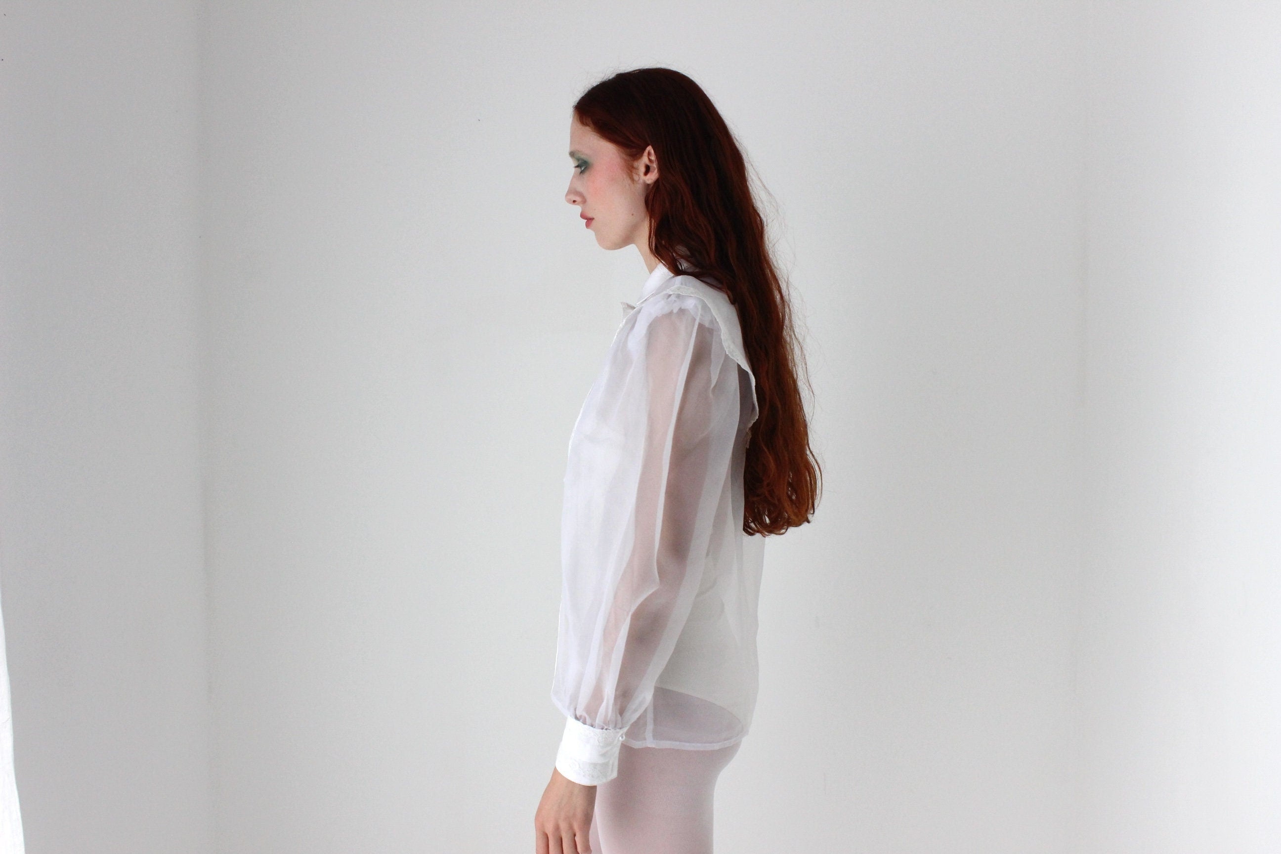 Fabulous 80s Structured White Organza Puff Blouson Sleeve Top
