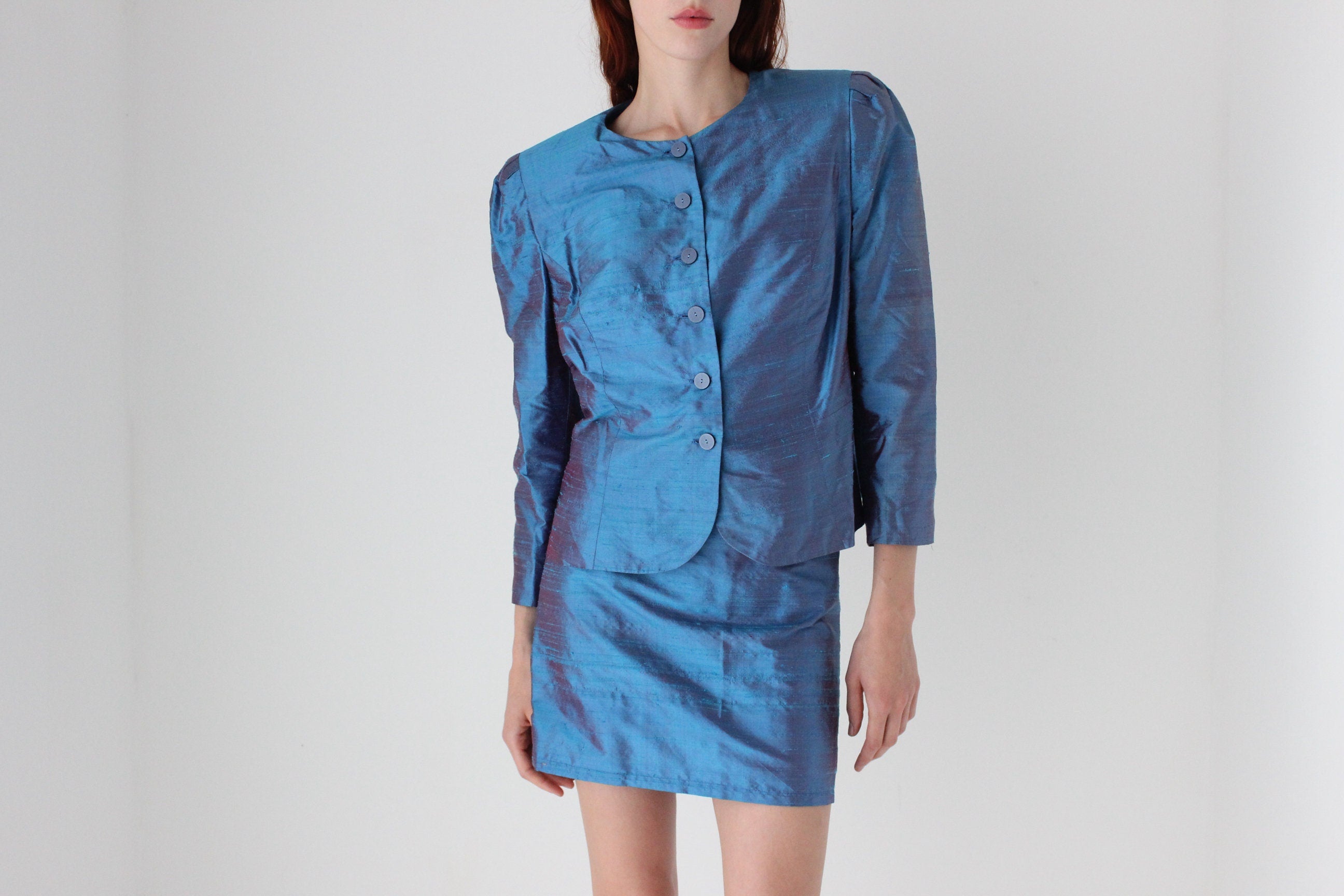 80s Raw Silk Metallic Two Piece Jacket Top & Skirt Suit Set