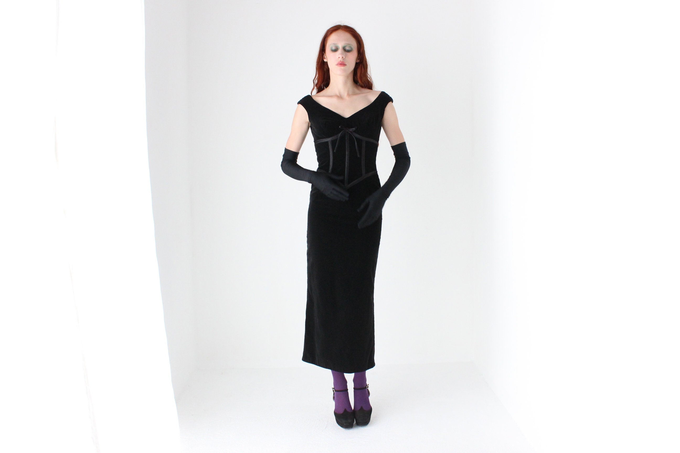 90s Mariana Hardwick Velvet Sculpted Lace Up Corset Cocktail Dress