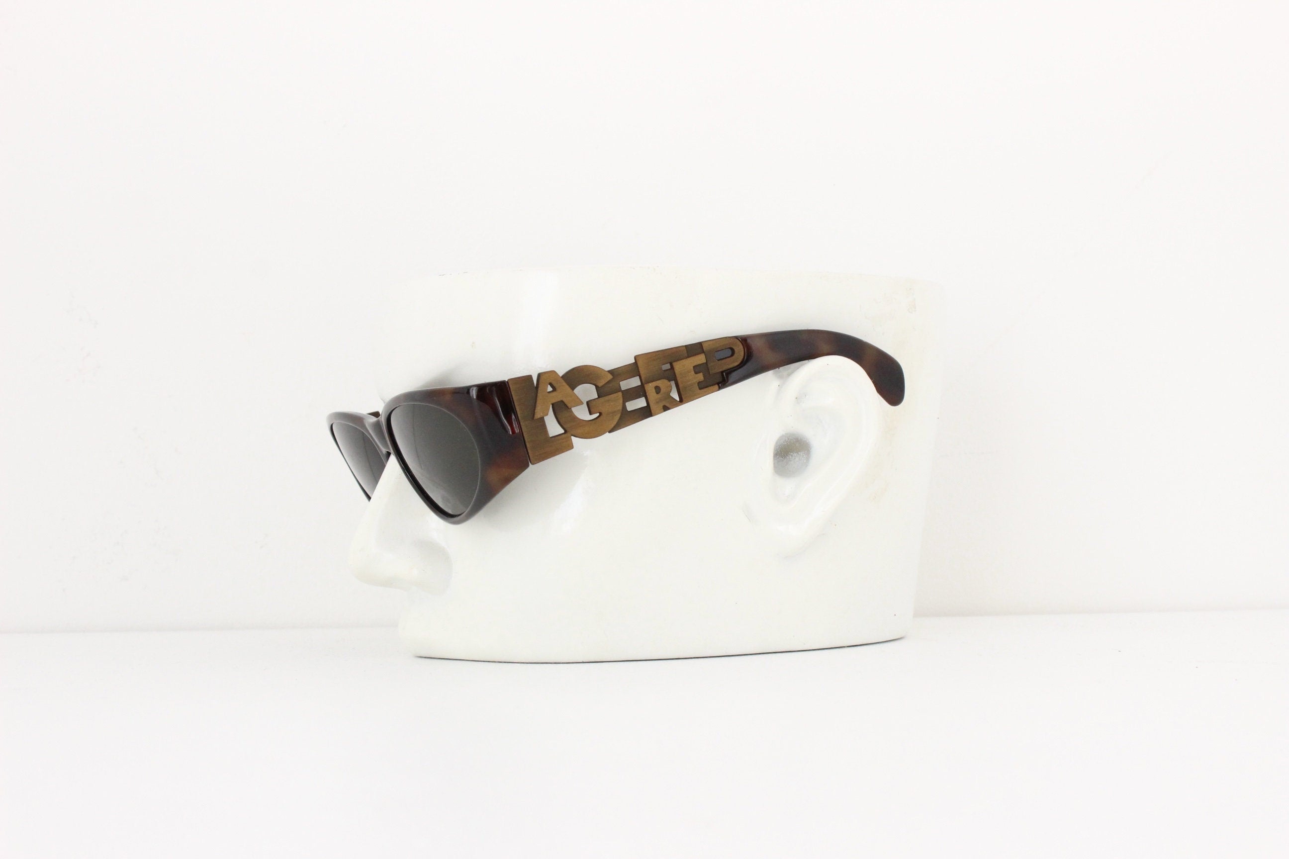 80s KARL LAGERFELD Tortoiseshell Cat Eye Sunglasses w/ Brass L-A-G-E-R-F-E-L-D Arms