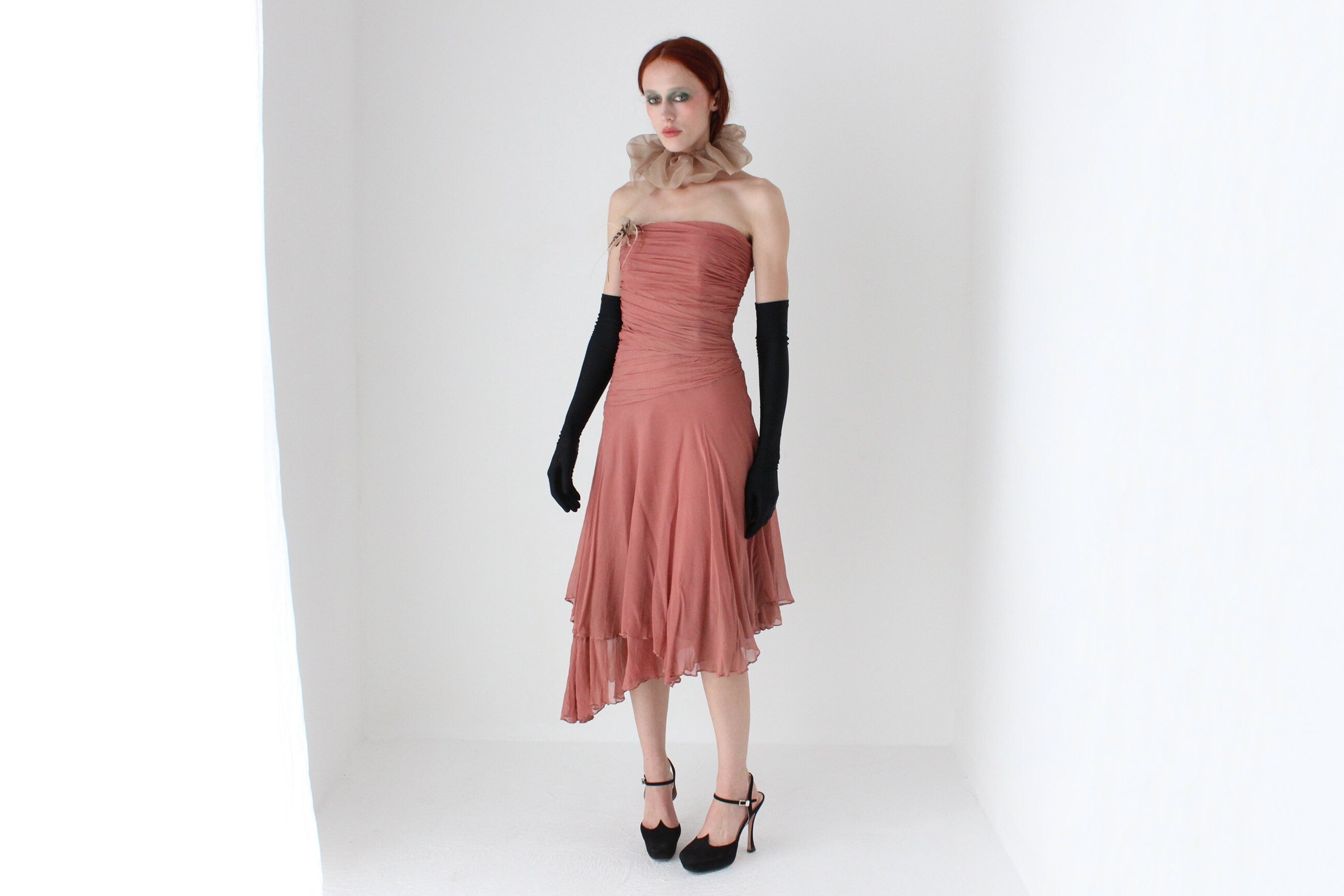 Y2K Pure Silk Ruched Strapless Party Dress w/ Feather Brooch