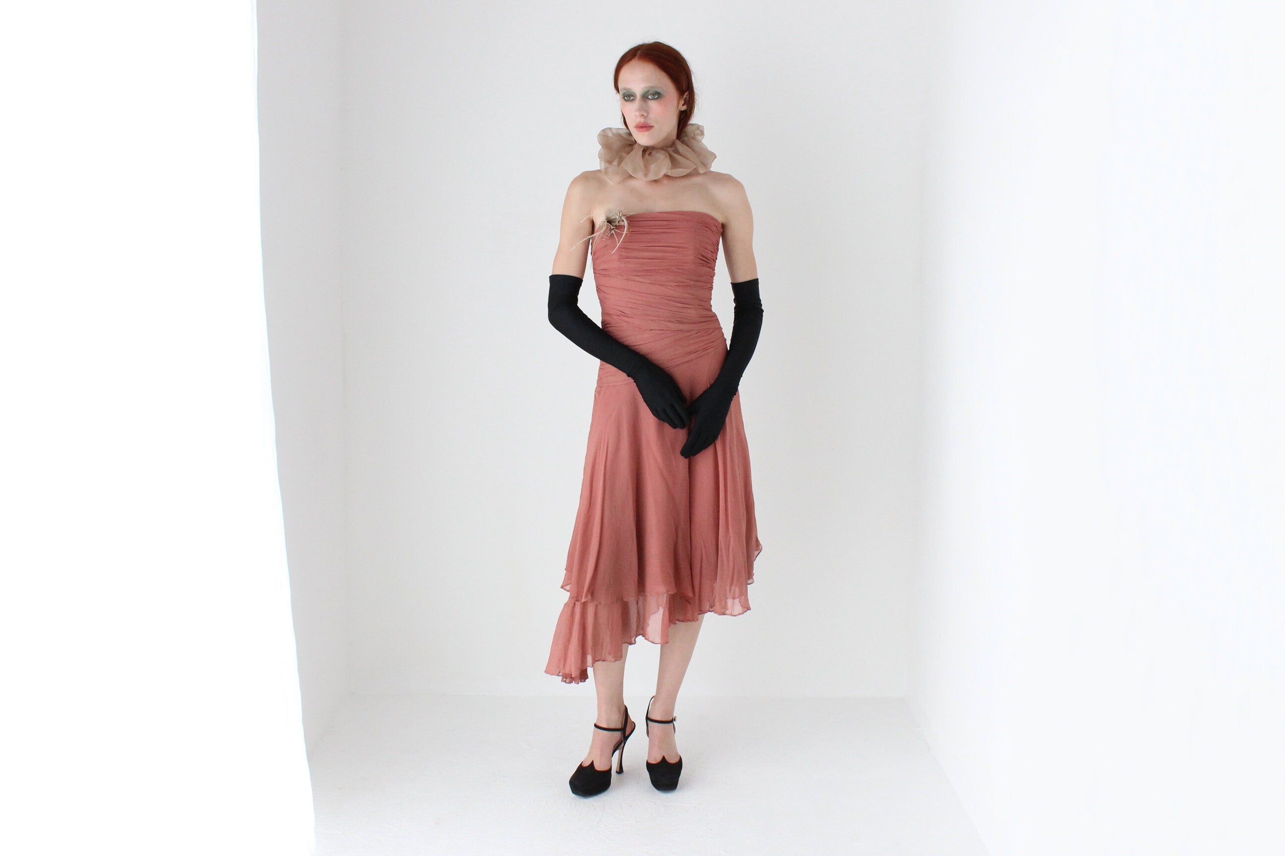 Y2K Pure Silk Ruched Strapless Party Dress w/ Feather Brooch
