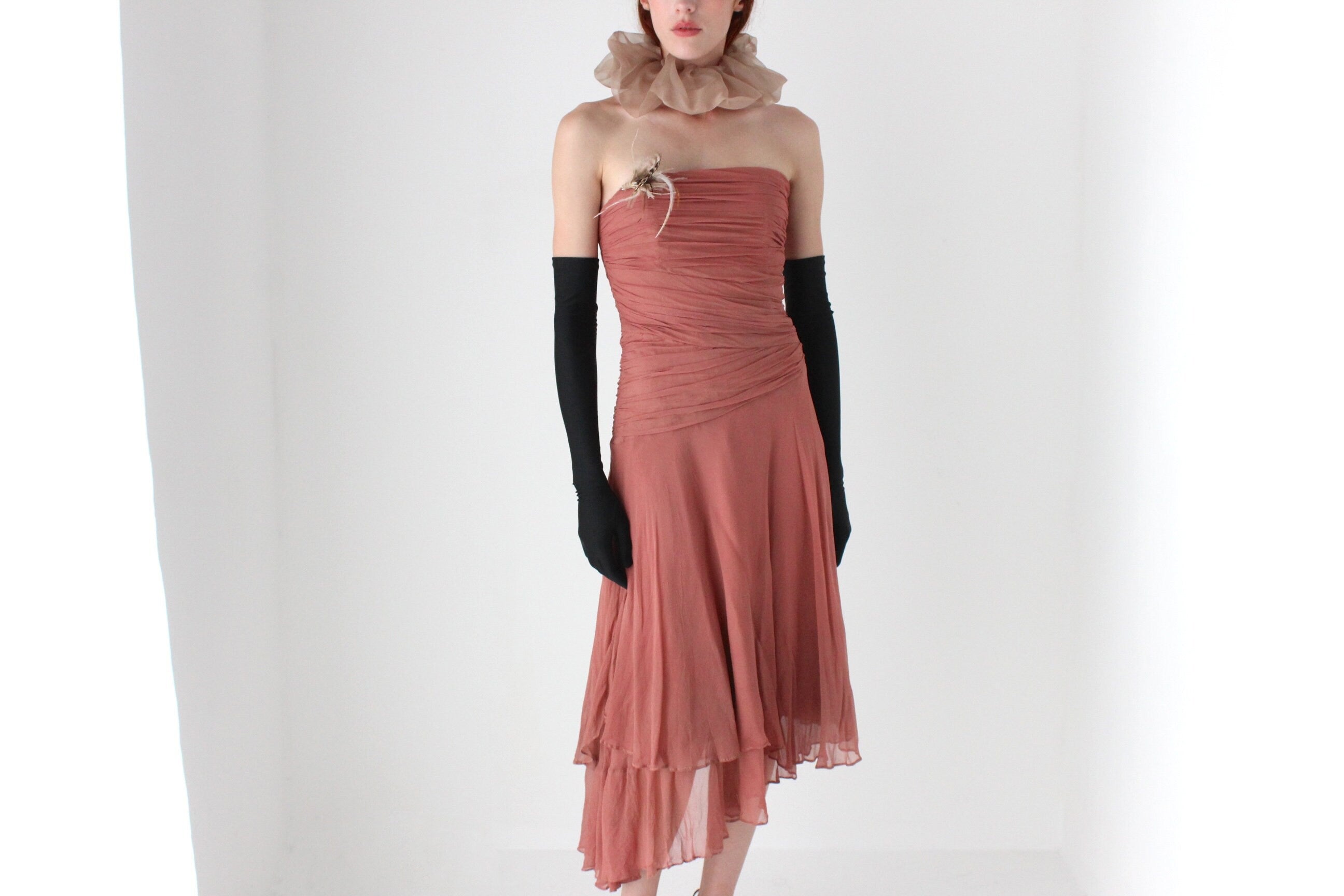Y2K Pure Silk Ruched Strapless Party Dress w/ Feather Brooch