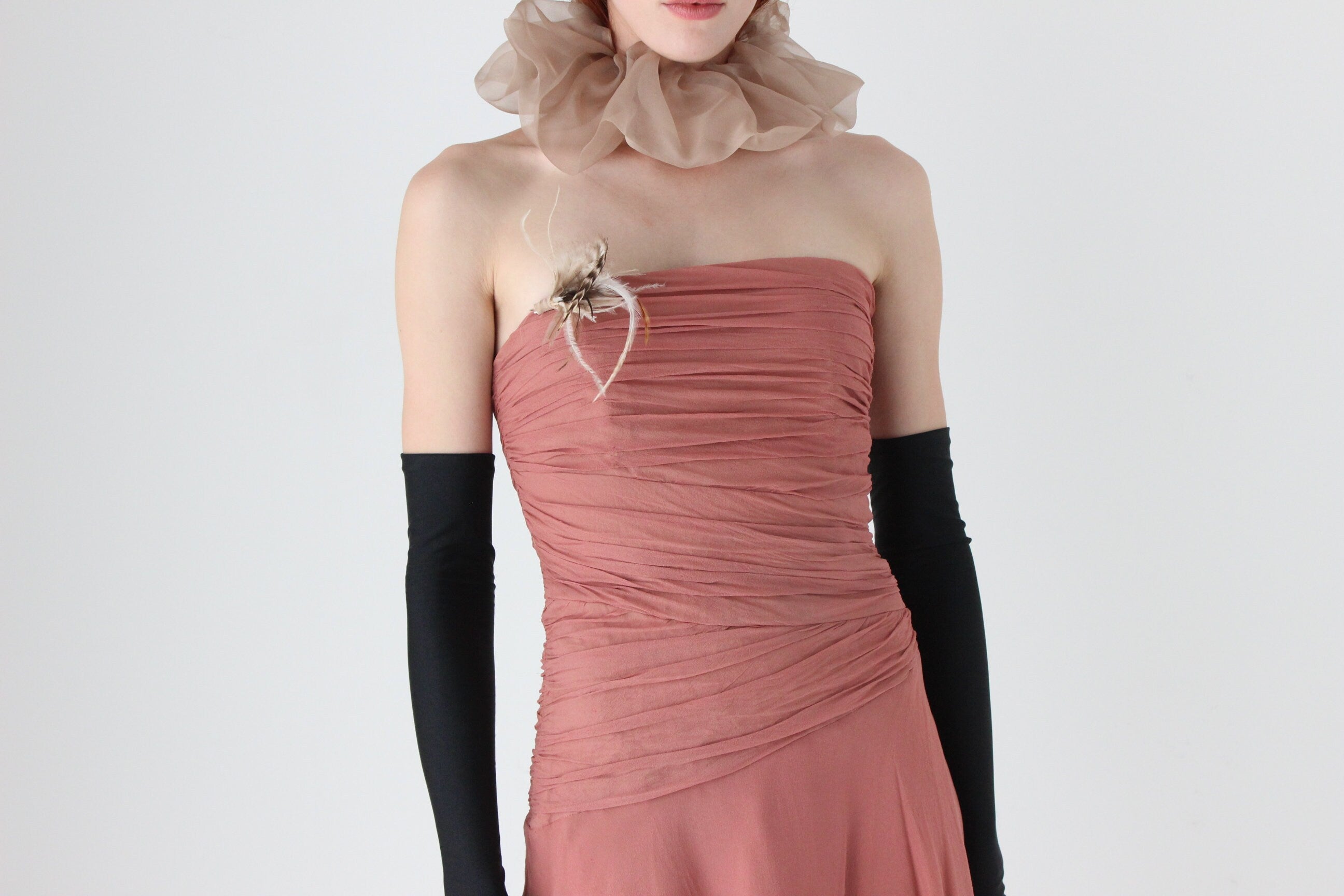Y2K Pure Silk Ruched Strapless Party Dress w/ Feather Brooch