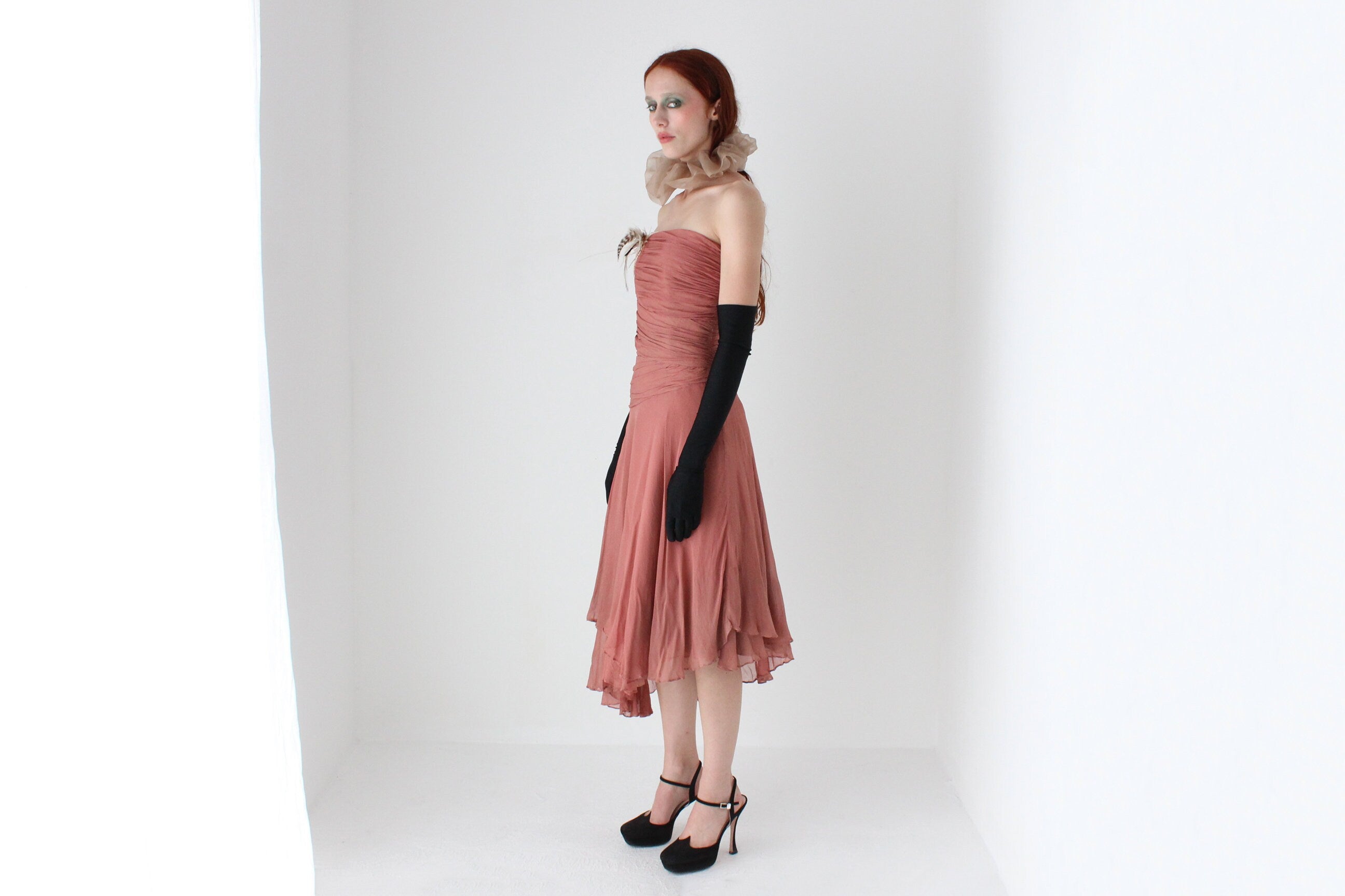 Y2K Pure Silk Ruched Strapless Party Dress w/ Feather Brooch