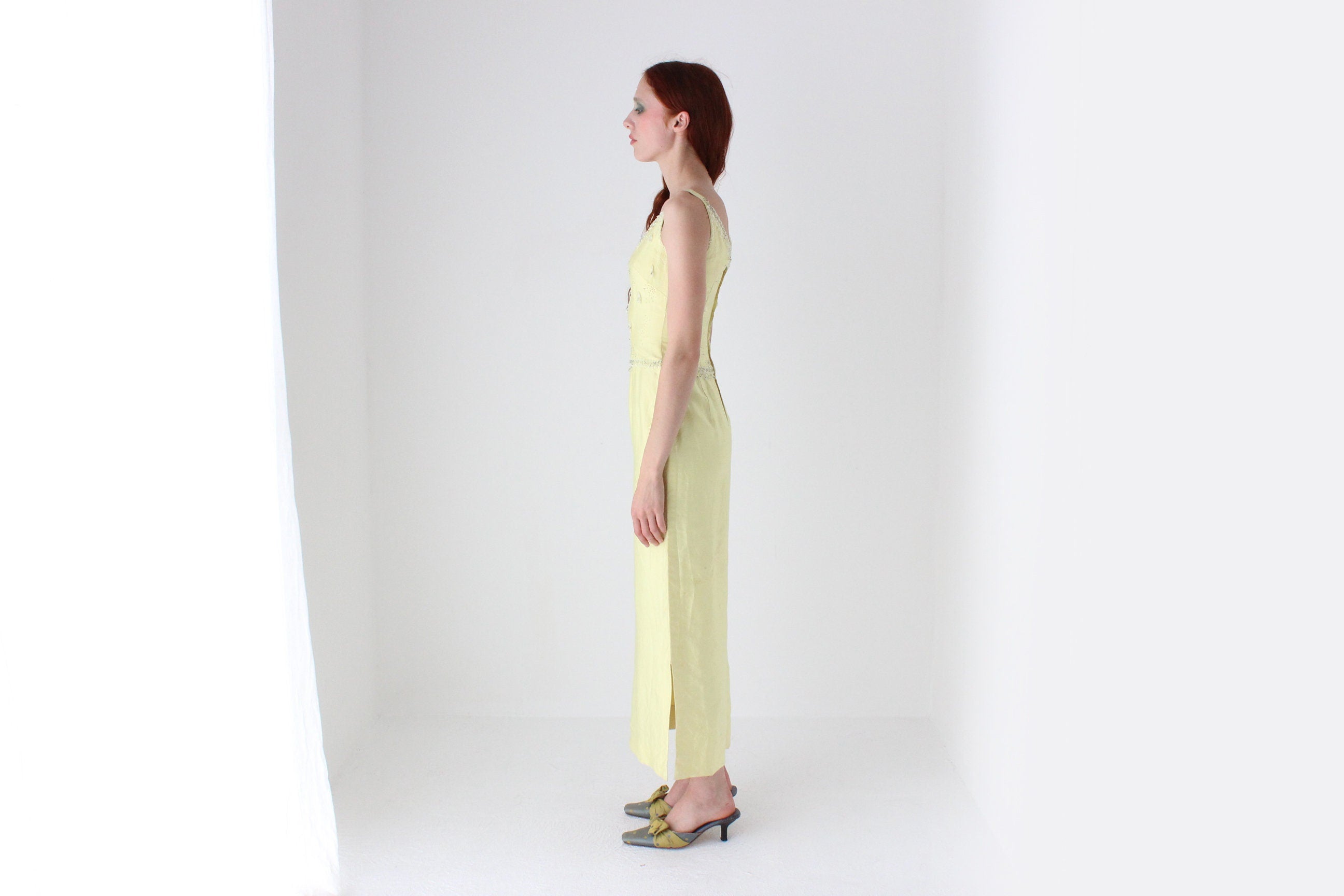 Glamorous 60s Raw Silk & Glass Beaded Evening Dress