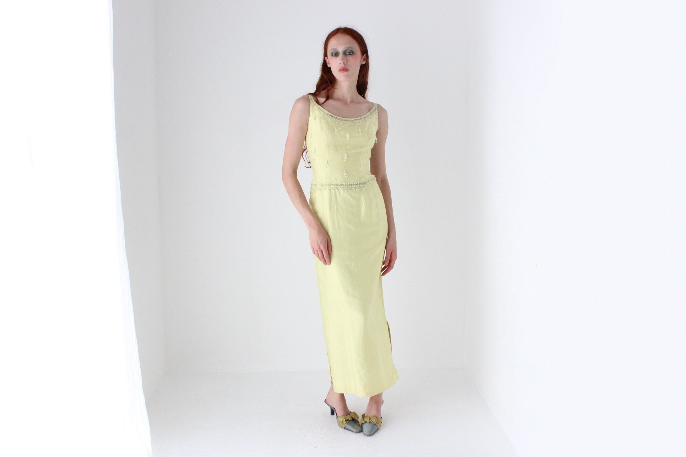 Glamorous 60s Raw Silk & Glass Beaded Evening Dress