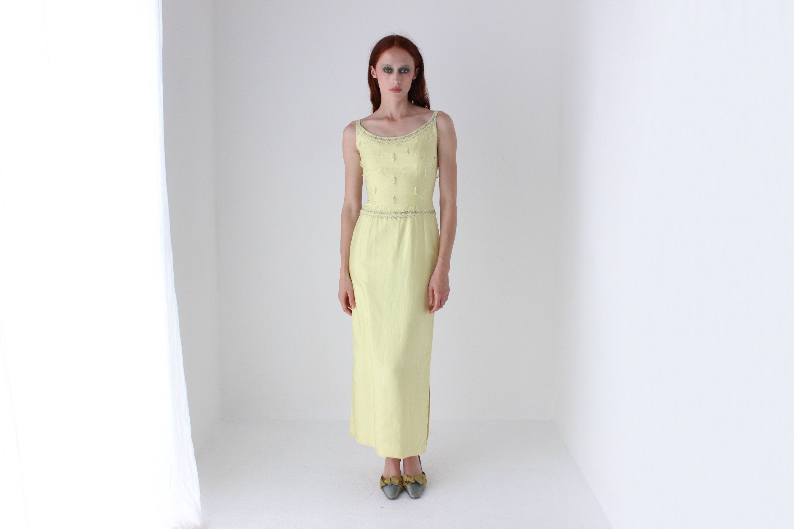 Glamorous 60s Raw Silk & Glass Beaded Evening Dress