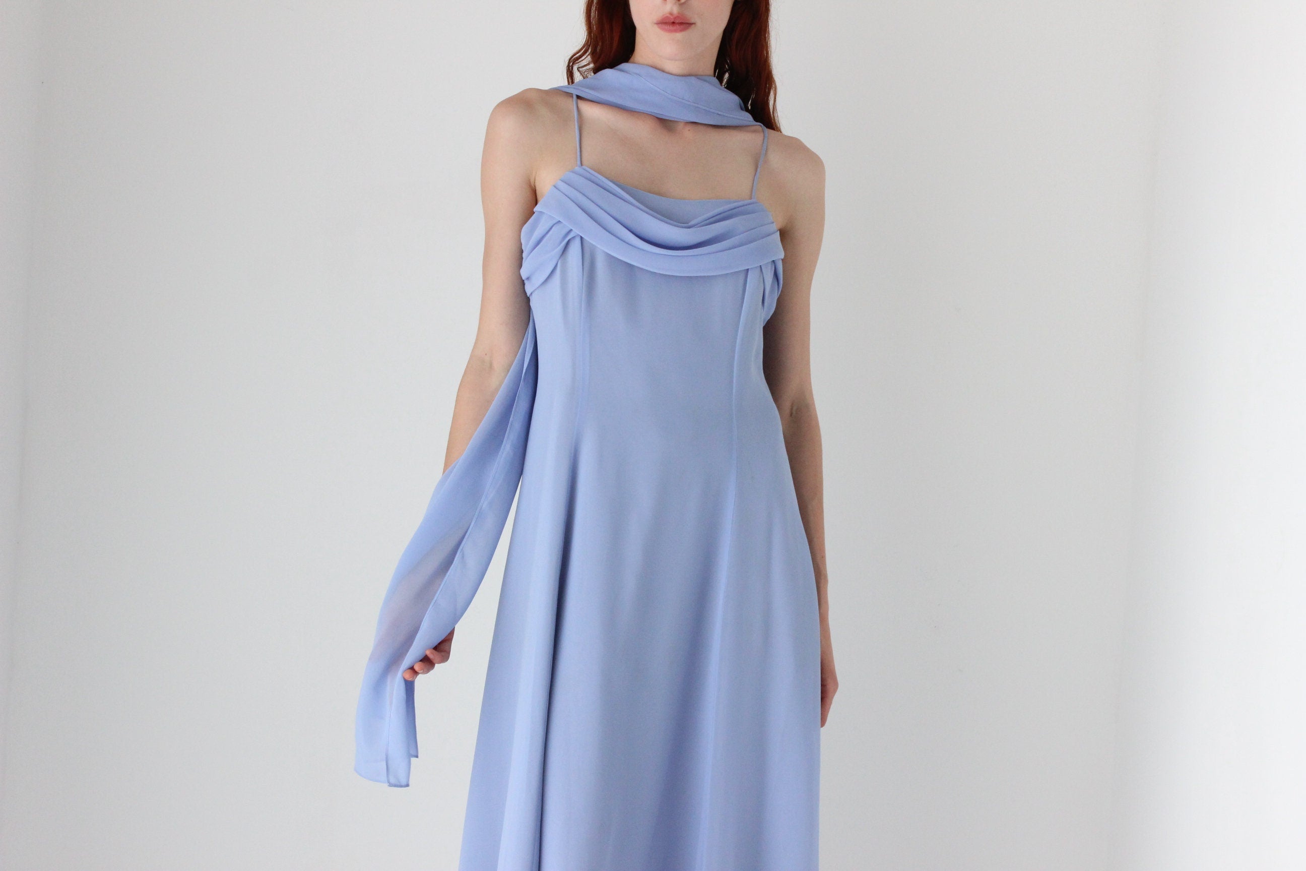 90s Cornflower Blue Spaghetti Strap Prom Slip Dress w/ Shawl