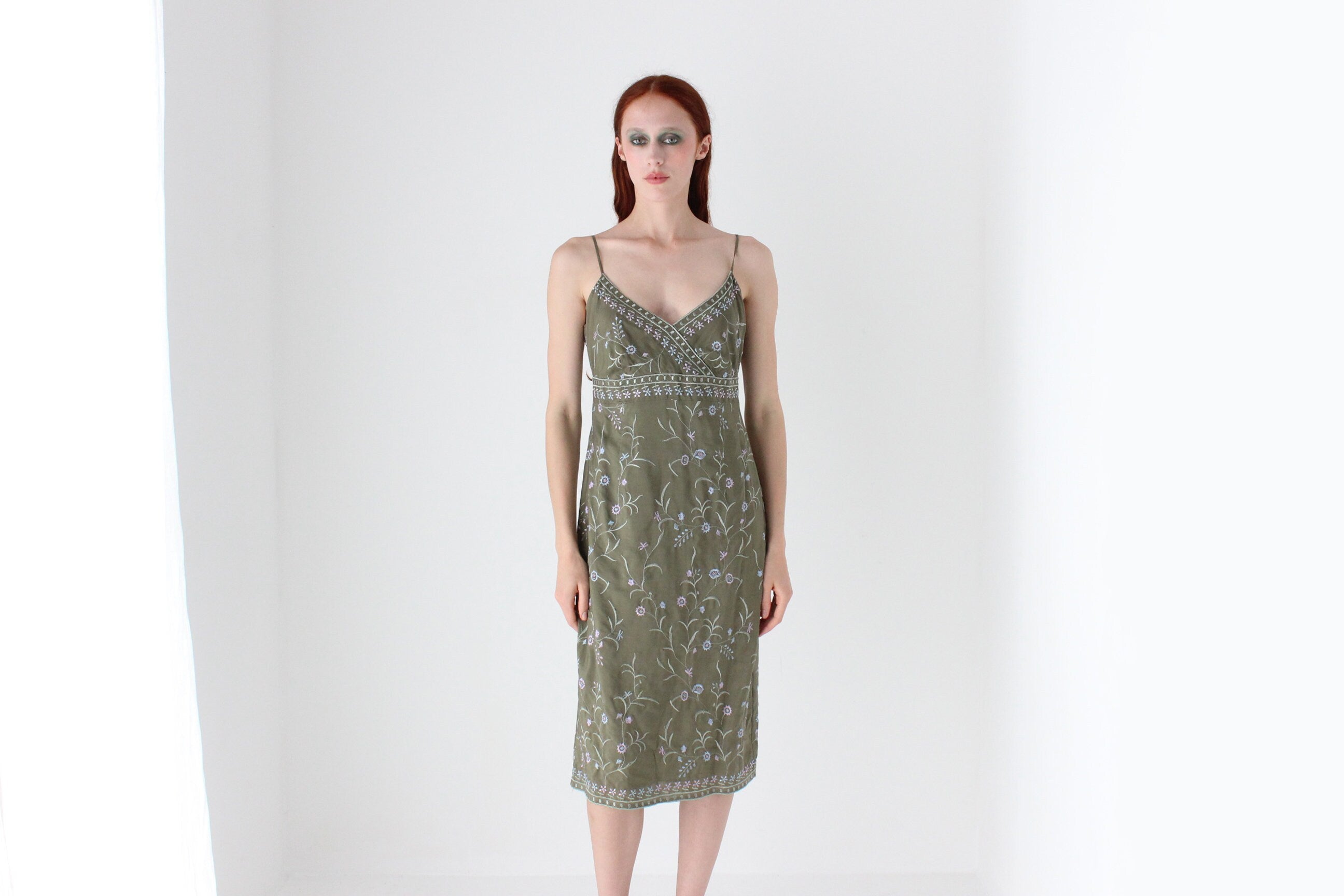 90s Esprit Pure Silk Spaghetti Strap Fairy Slip Dress w/ Embroidered Flower Vines