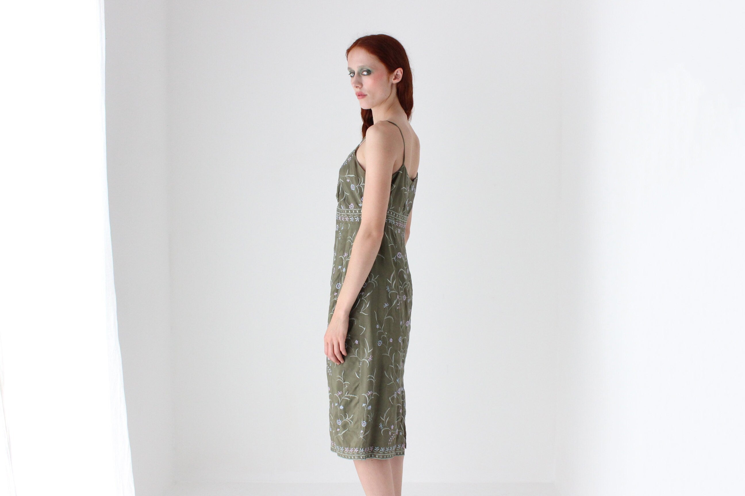 90s Esprit Pure Silk Spaghetti Strap Fairy Slip Dress w/ Embroidered Flower Vines