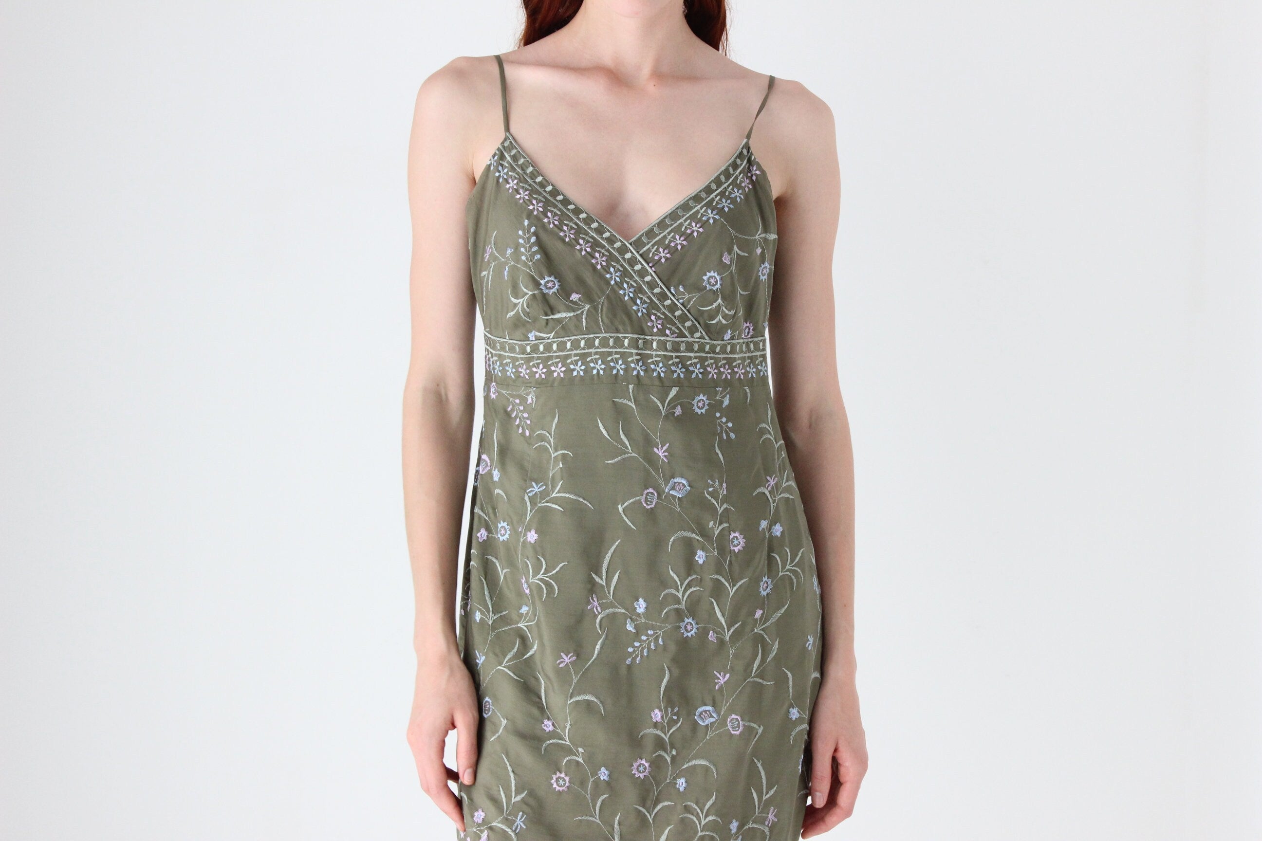 90s Esprit Pure Silk Spaghetti Strap Fairy Slip Dress w/ Embroidered Flower Vines