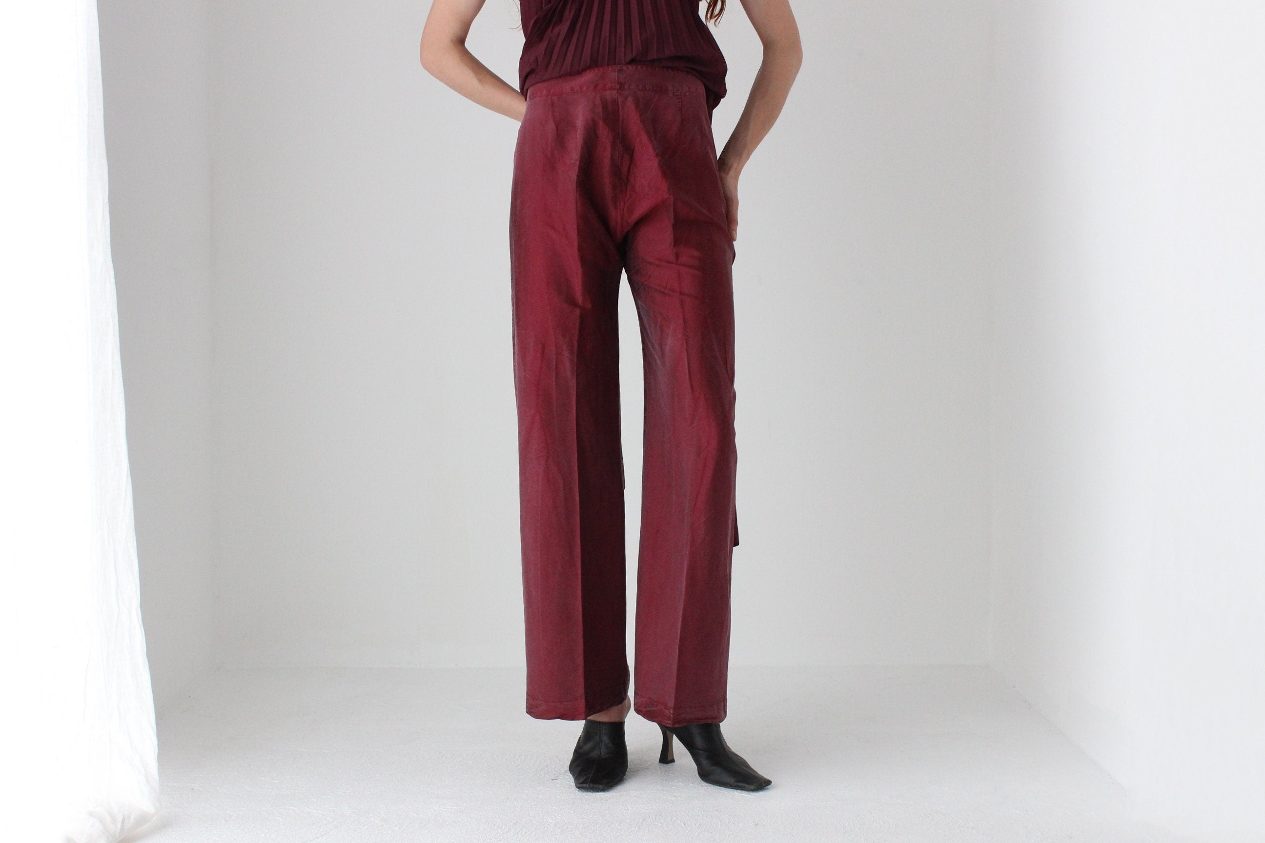 Textured 90s Raw Silk Burgundy Wide Leg Trousers