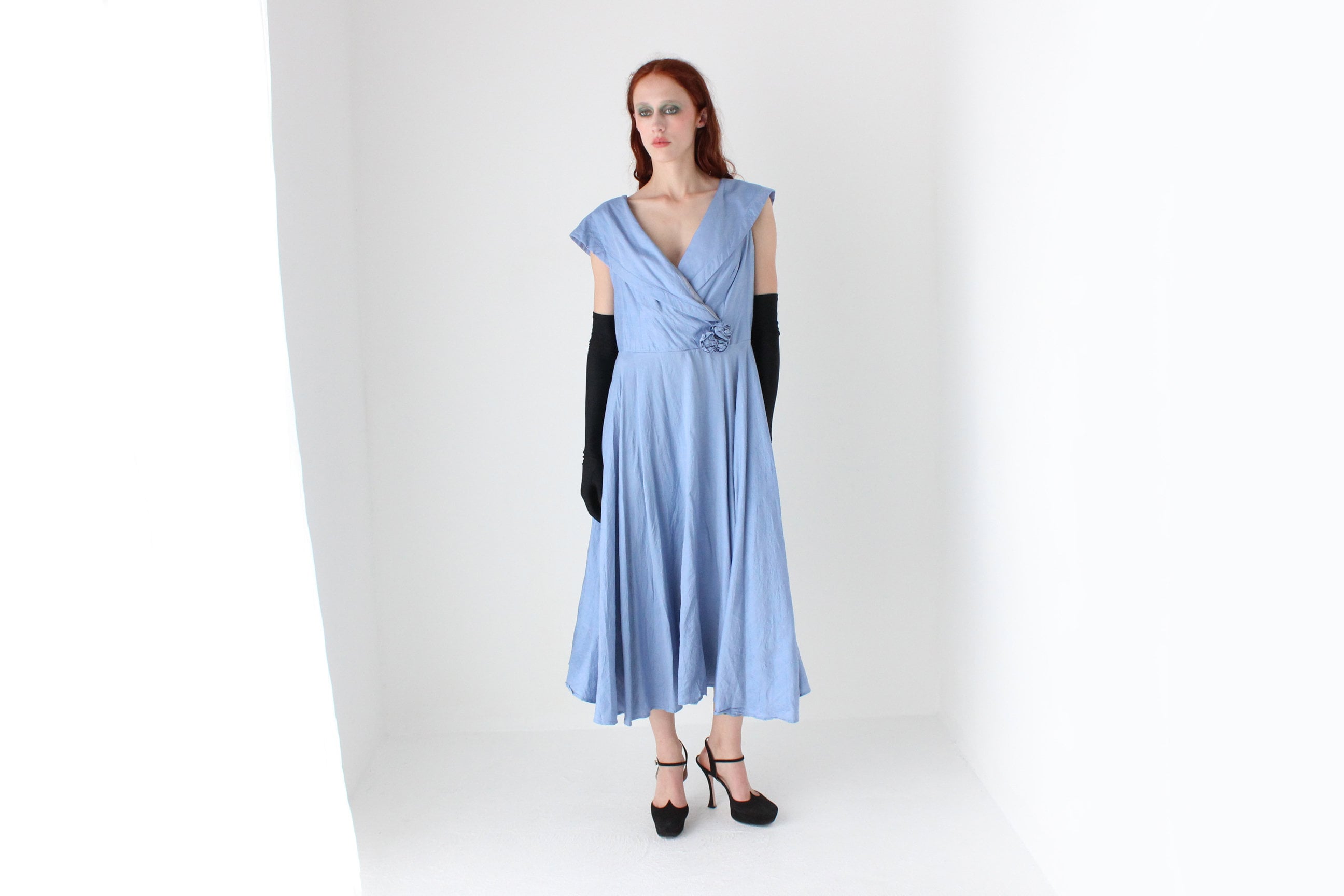Dreamy 1980s Cornflower Blue Raw Silk Cocktail Dress