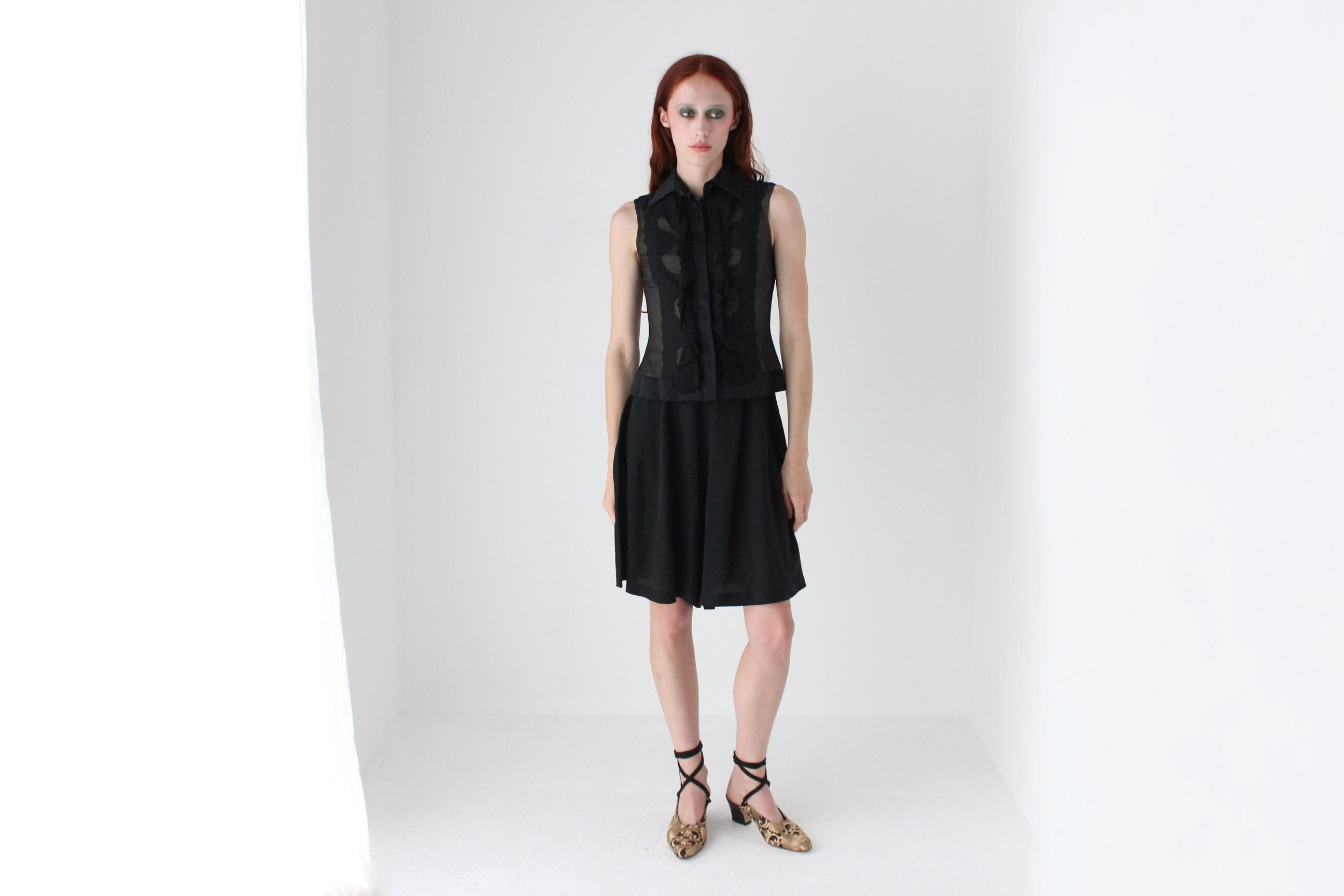 90s 'Sheer Illusion' Silk Georgette, Lace & Satin Waistcoat Vest Top