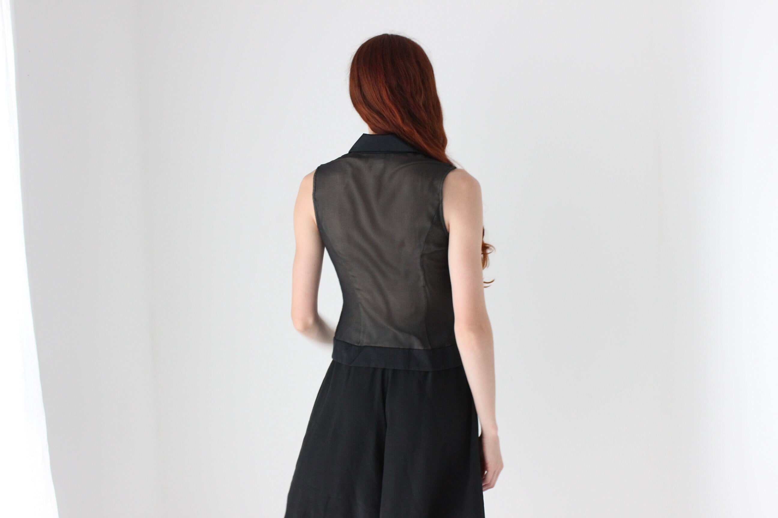 90s 'Sheer Illusion' Silk Georgette, Lace & Satin Waistcoat Vest Top