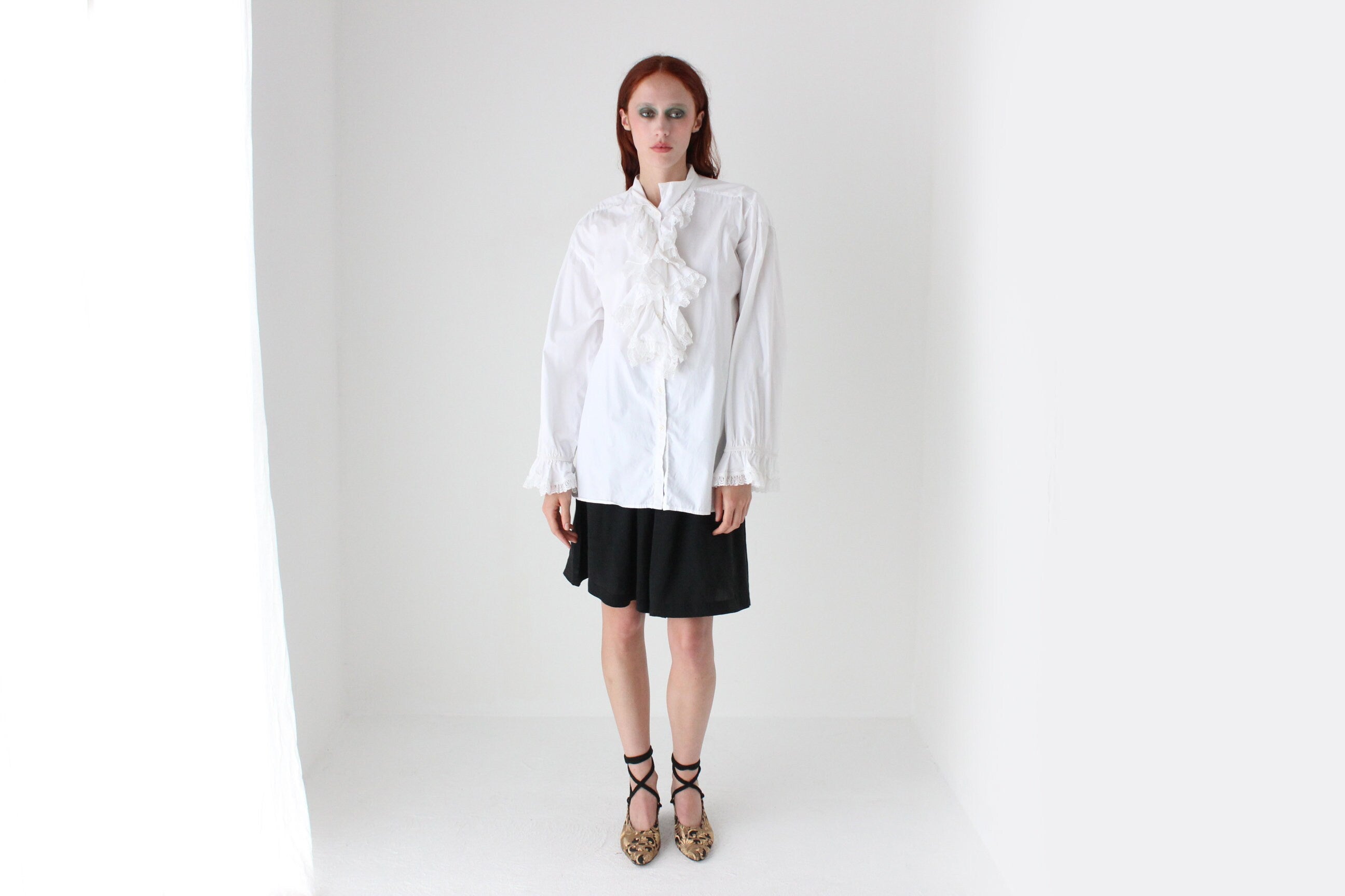 80s Cotton Crisp & Frilly White Tuxedo Collar Shirt Dress