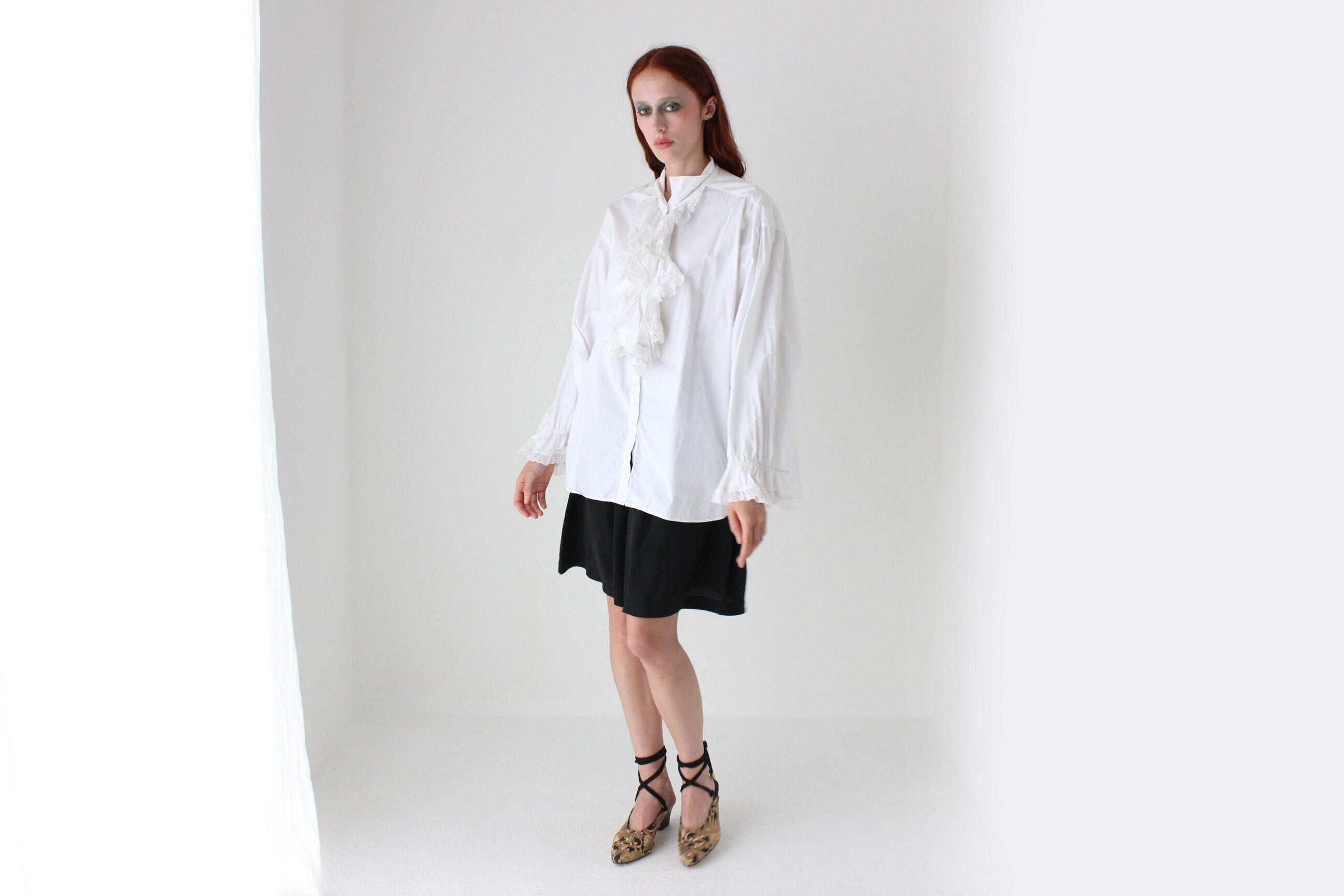 80s Cotton Crisp & Frilly White Tuxedo Collar Shirt Dress