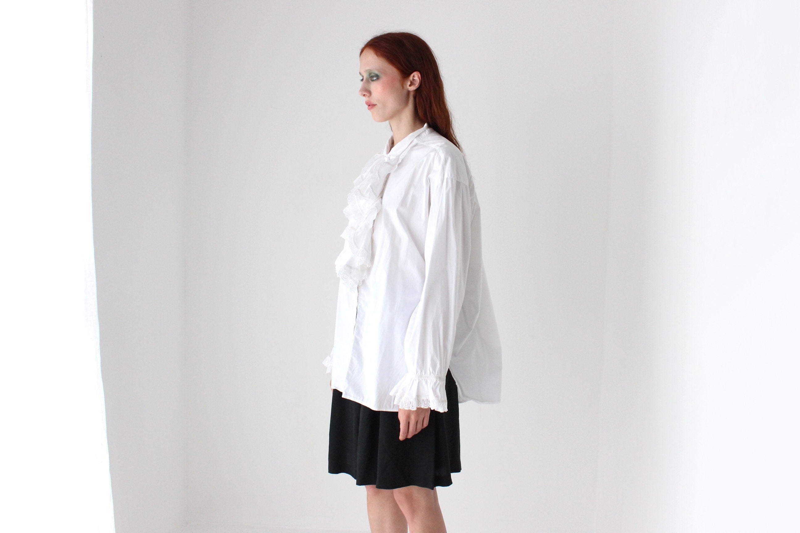 80s Cotton Crisp & Frilly White Tuxedo Collar Shirt Dress