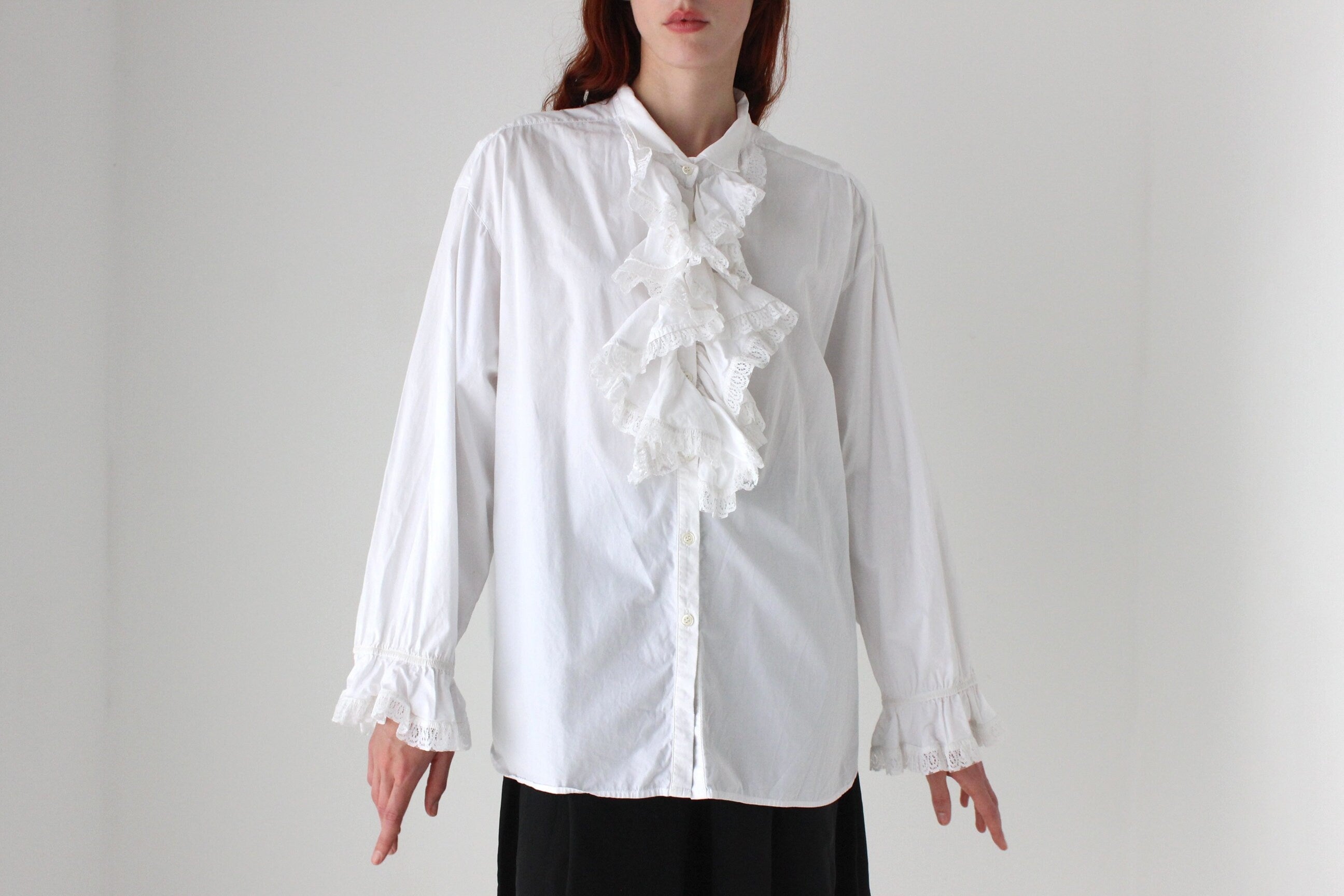 80s Cotton Crisp & Frilly White Tuxedo Collar Shirt Dress