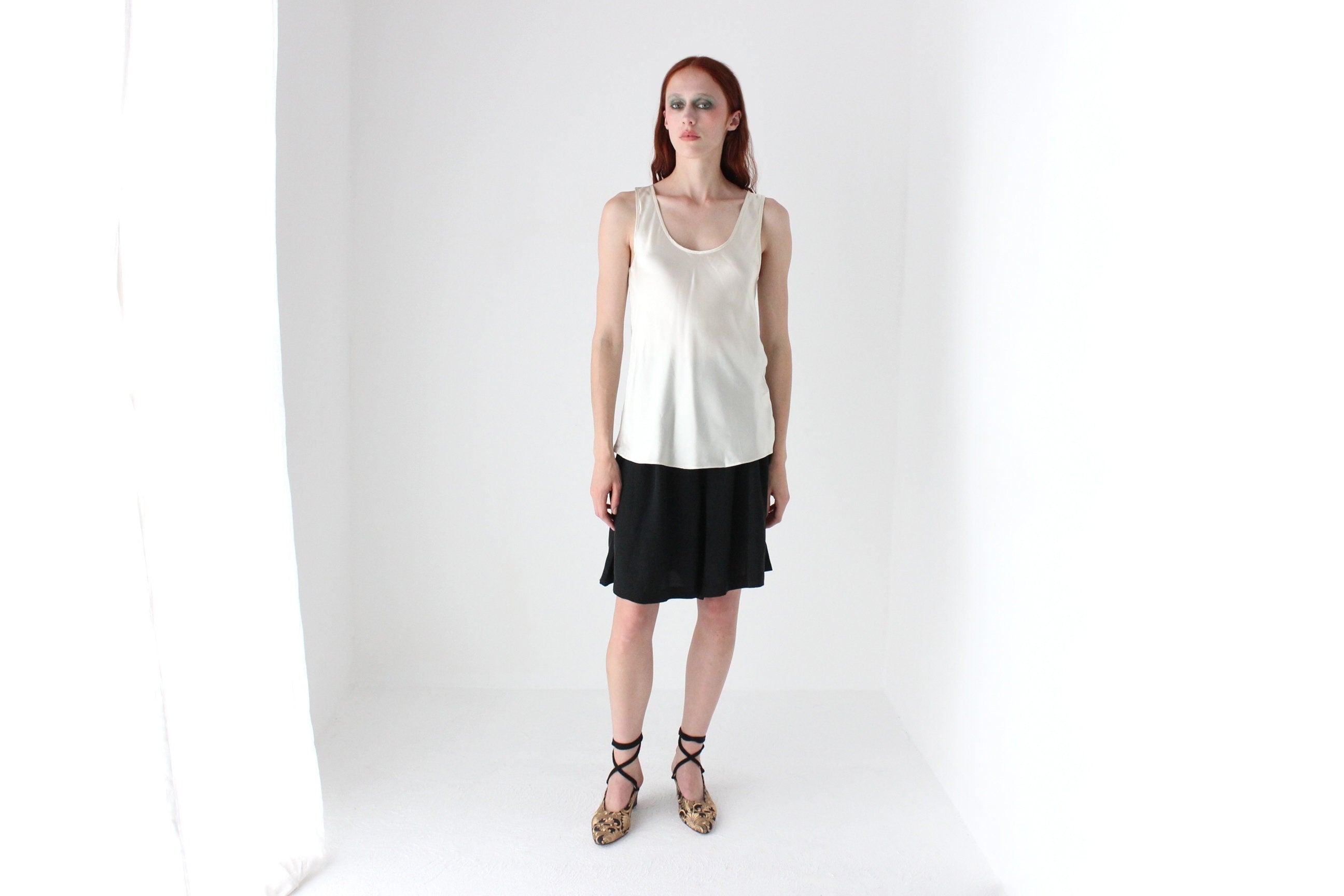 90s Cream PURE SILK Sleeveless Scoop Neck Bias Cut Top