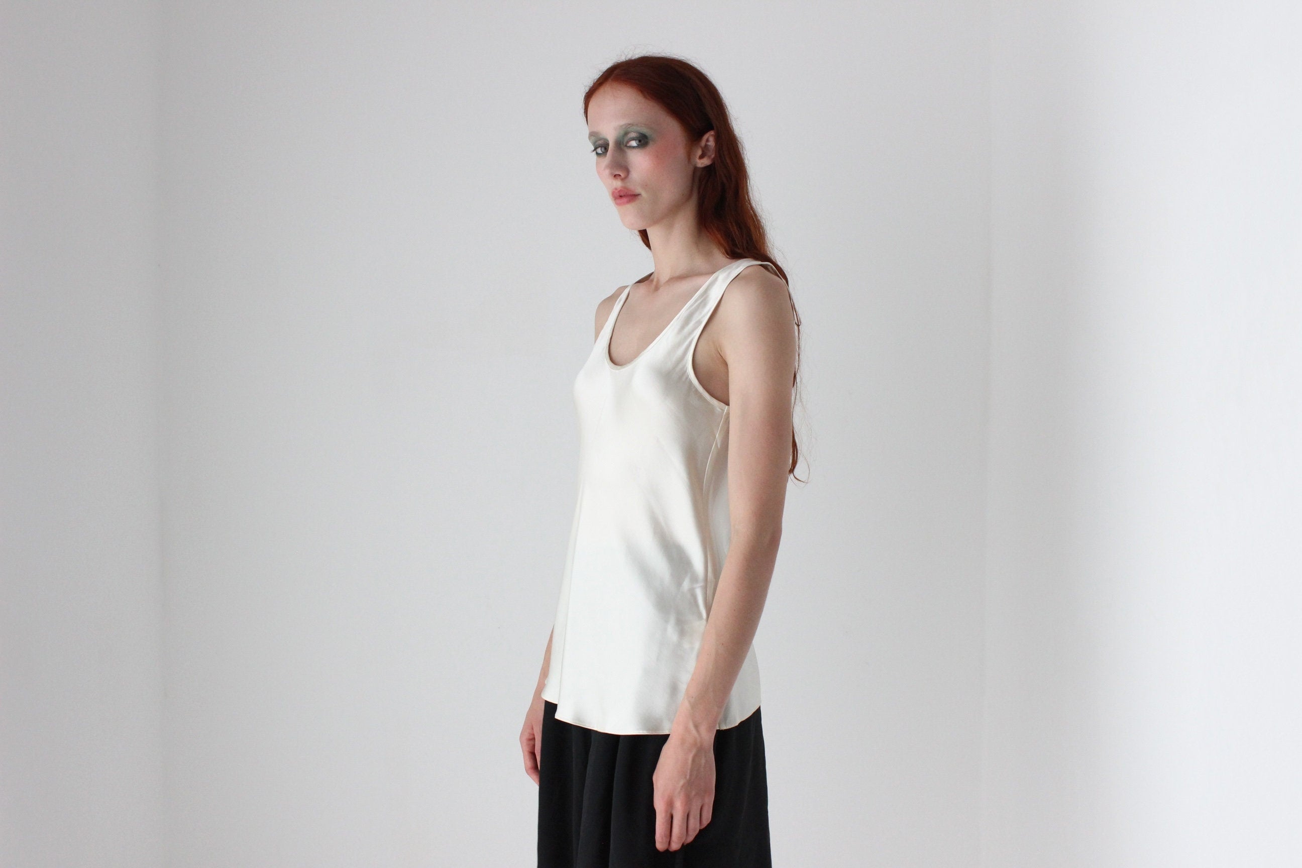 90s Cream PURE SILK Sleeveless Scoop Neck Bias Cut Top
