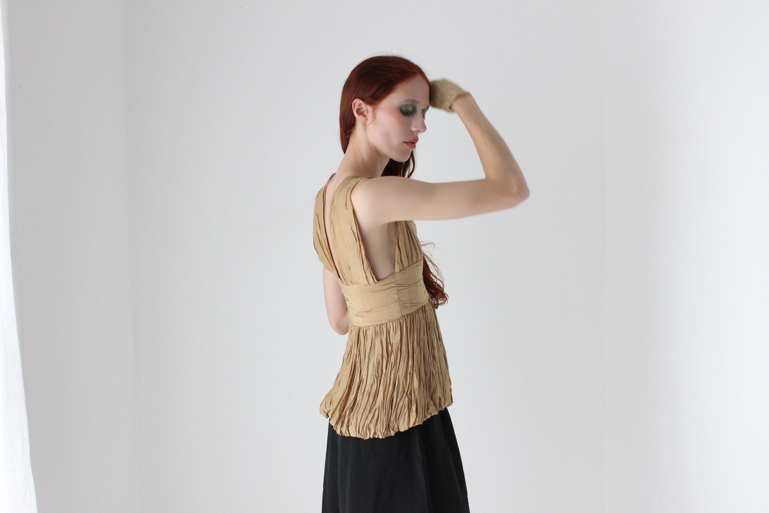 2000s WILLOW Grecian Gathered Plisse Plunge Neck Top