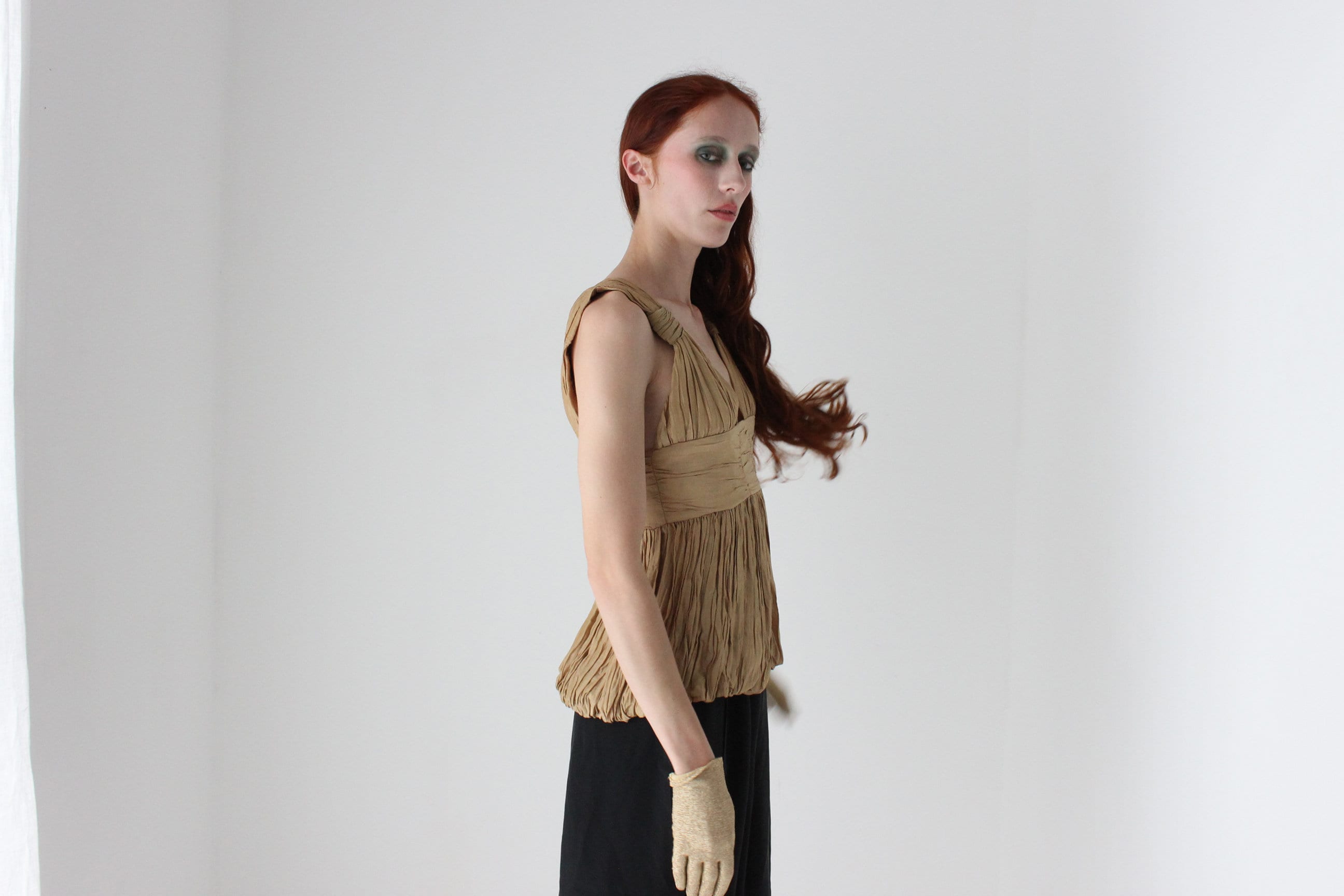 2000s WILLOW Grecian Gathered Plisse Plunge Neck Top