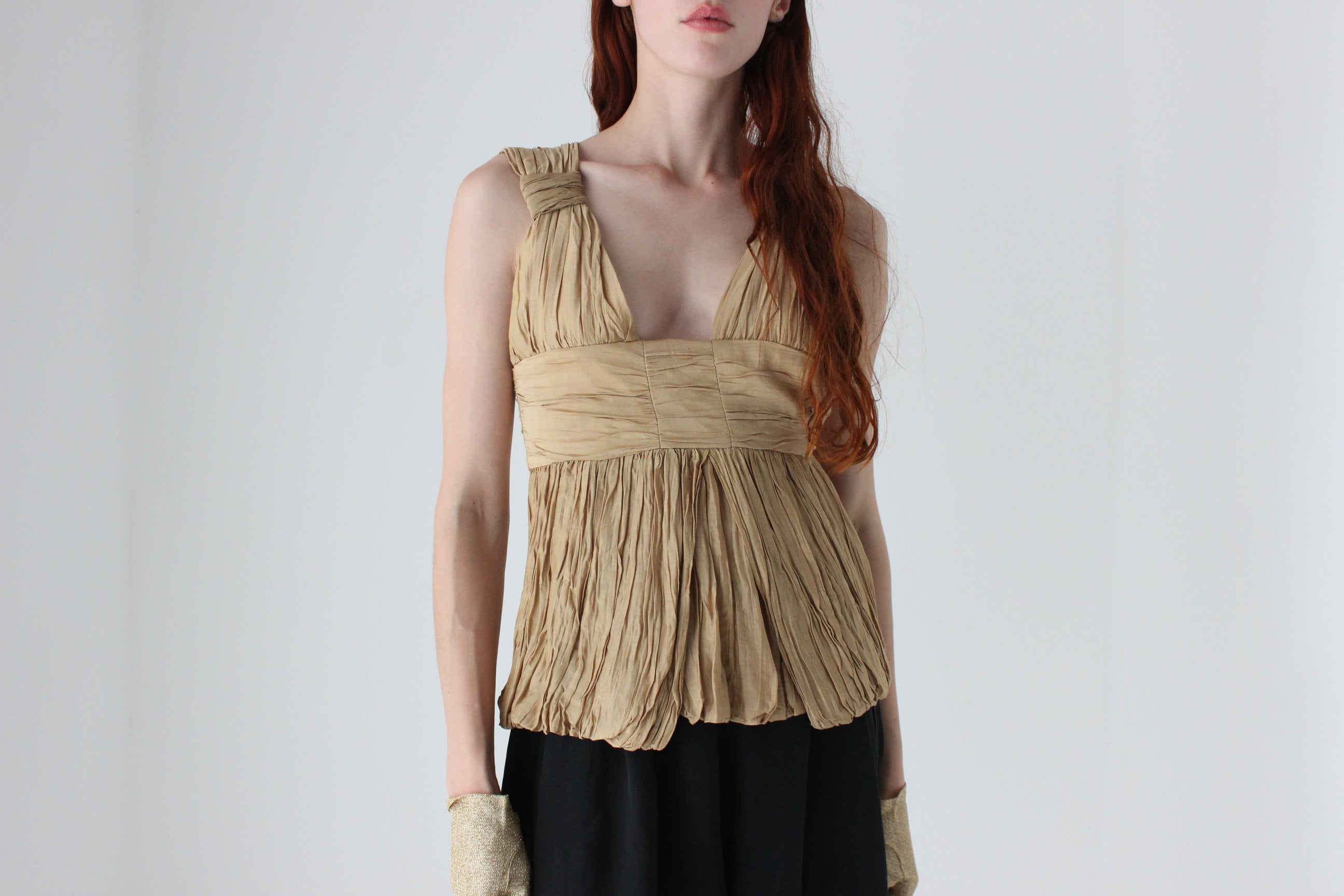 2000s WILLOW Grecian Gathered Plisse Plunge Neck Top