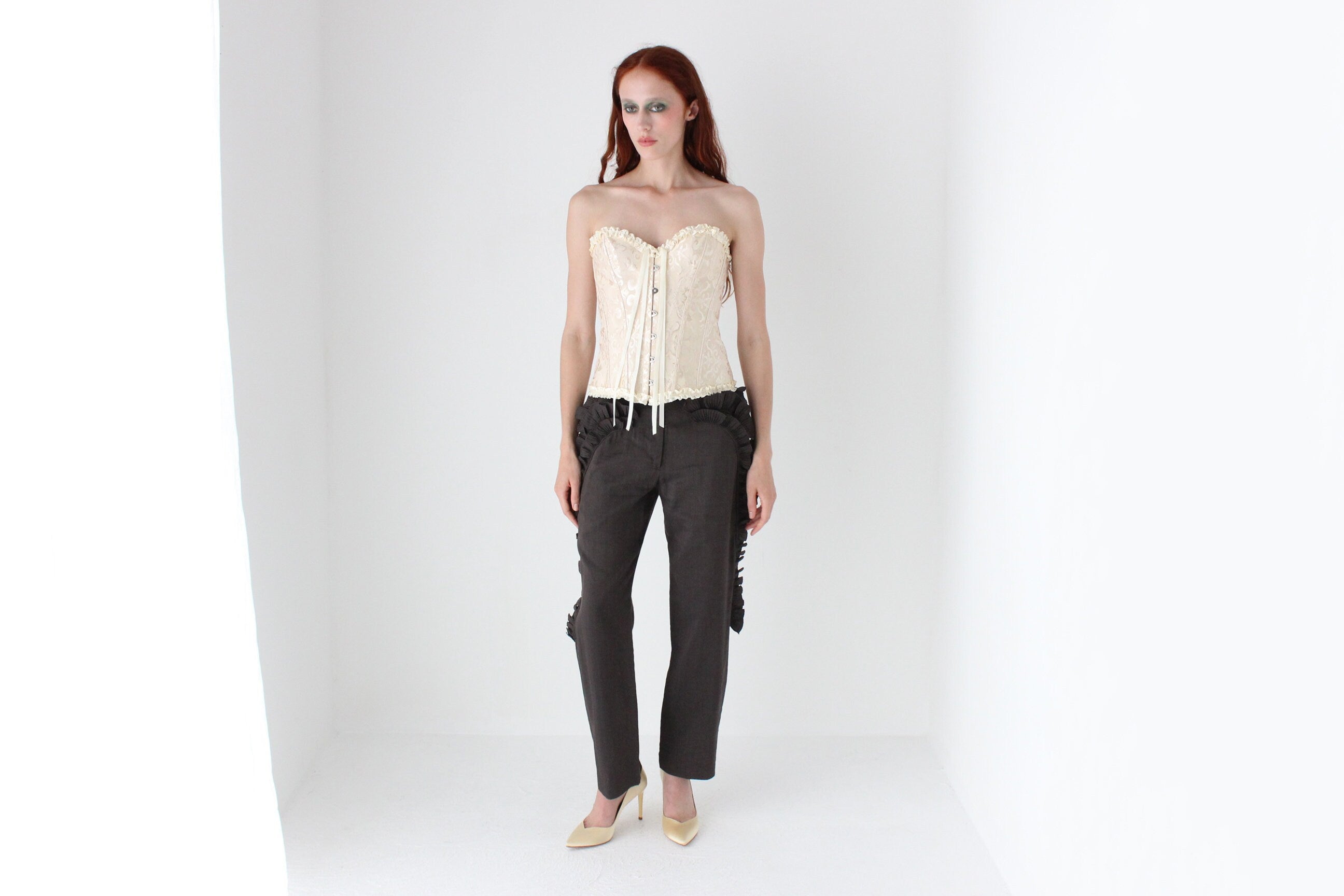 Y2K Cream Jacquard & Ruffle Strapless Boned Corset