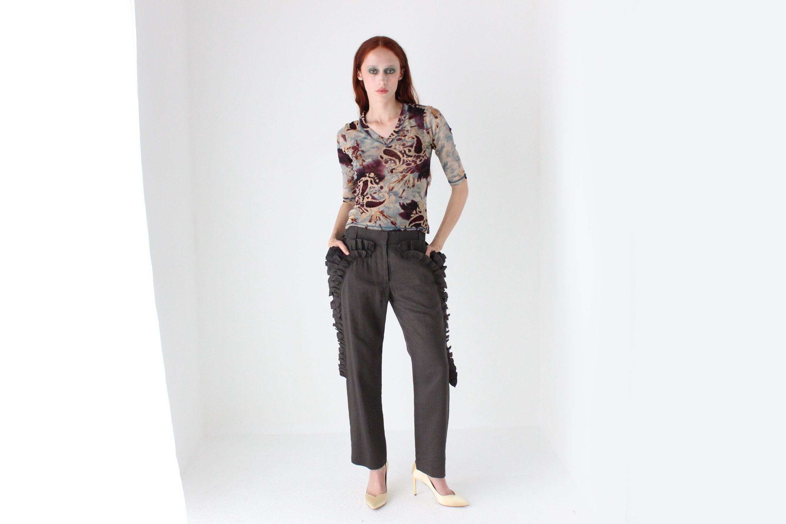 Y2K Designer Marylin Seyb Printed Baroque Mesh Top