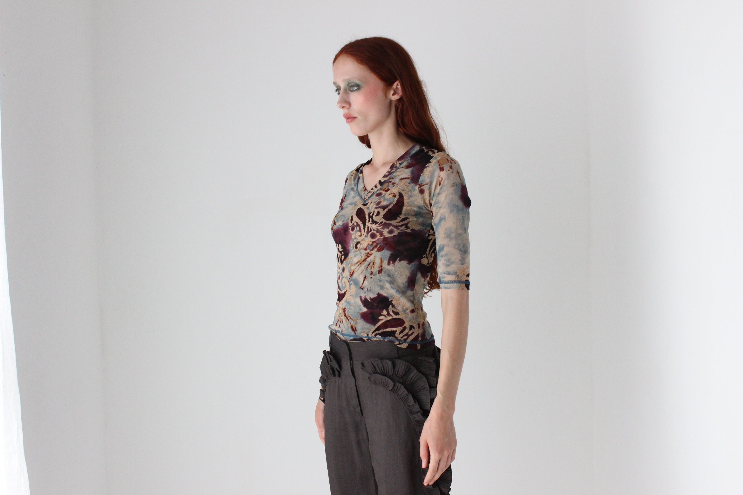 Y2K Designer Marylin Seyb Printed Baroque Mesh Top