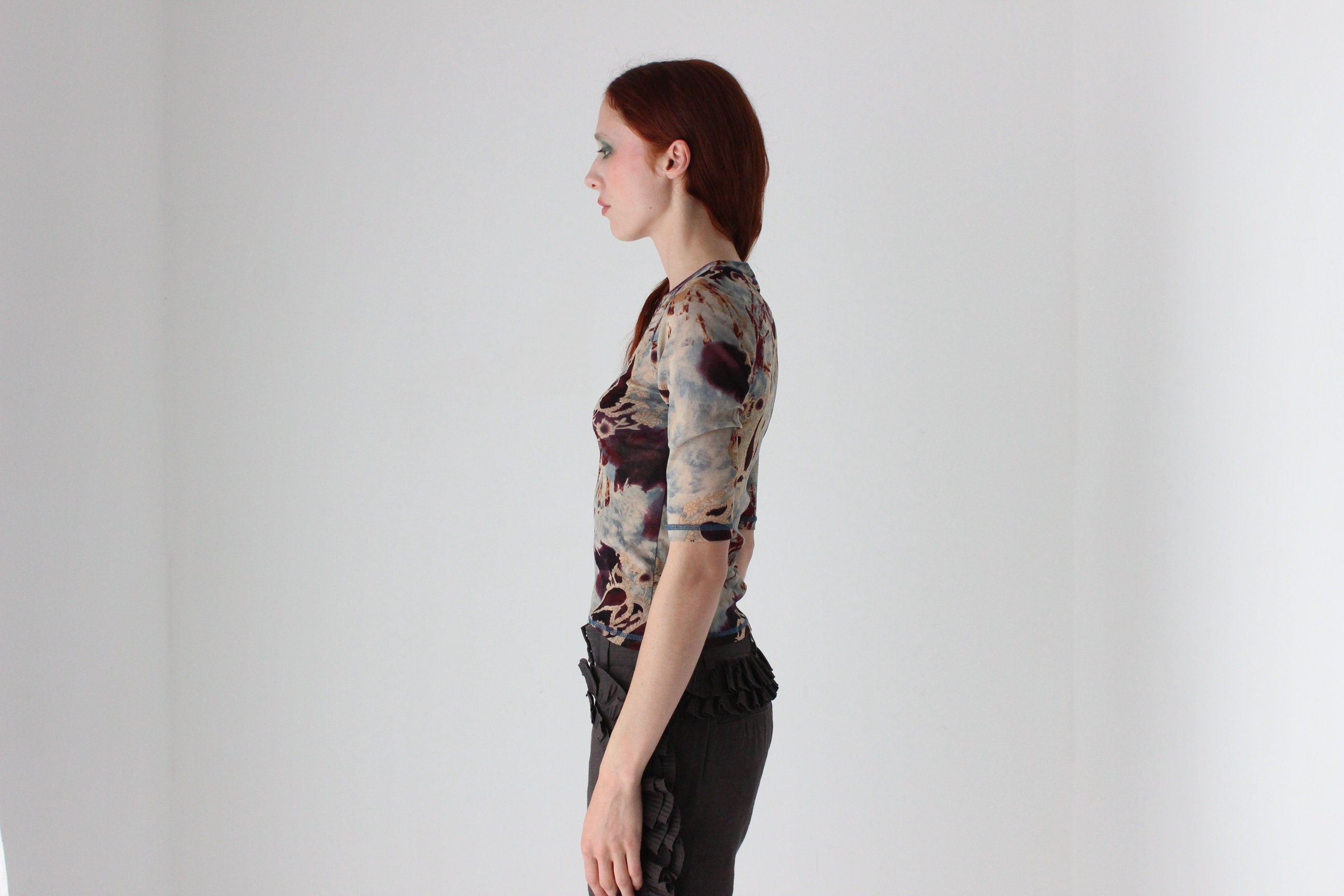 Y2K Designer Marylin Seyb Printed Baroque Mesh Top