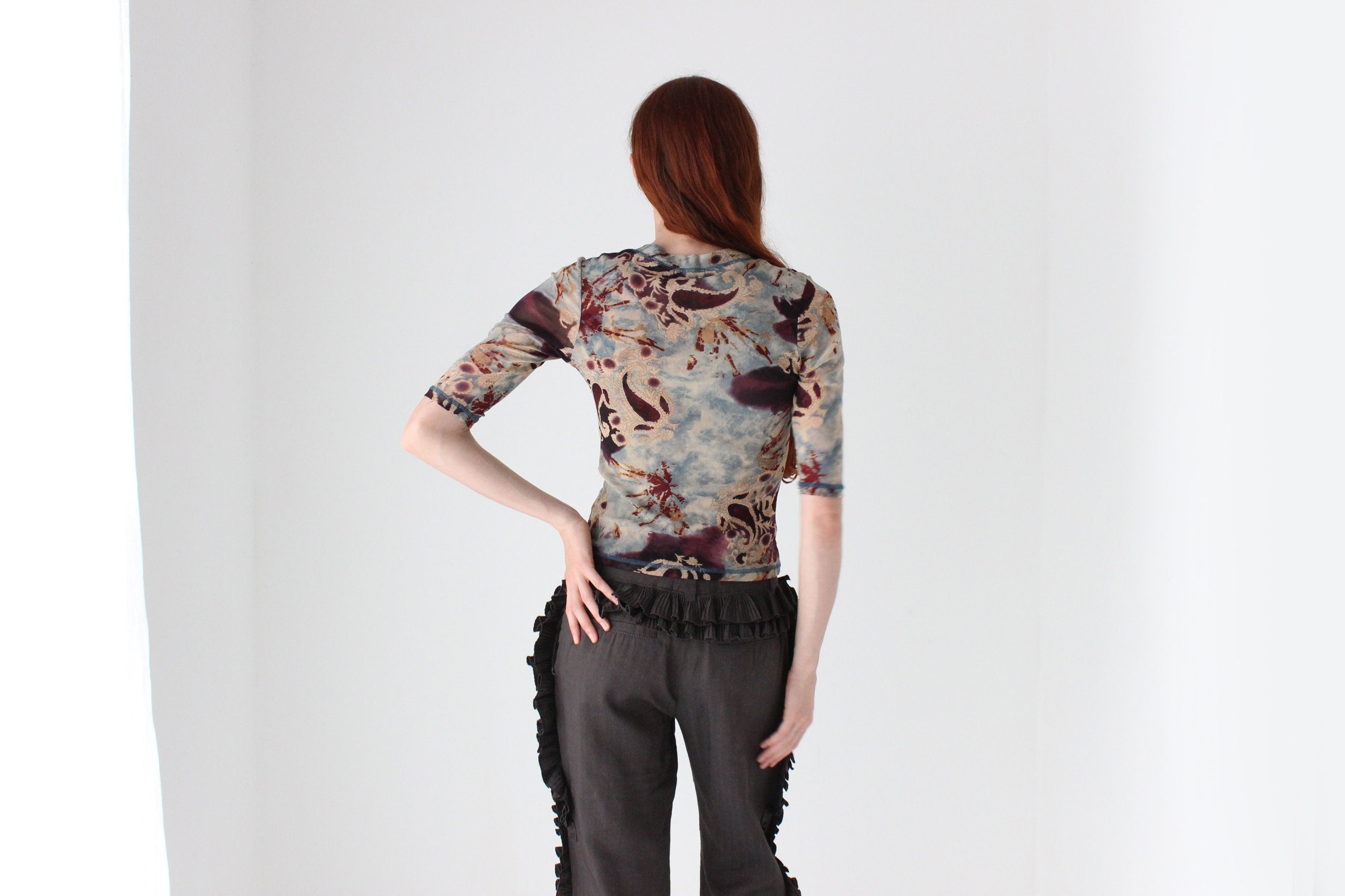 Y2K Designer Marylin Seyb Printed Baroque Mesh Top