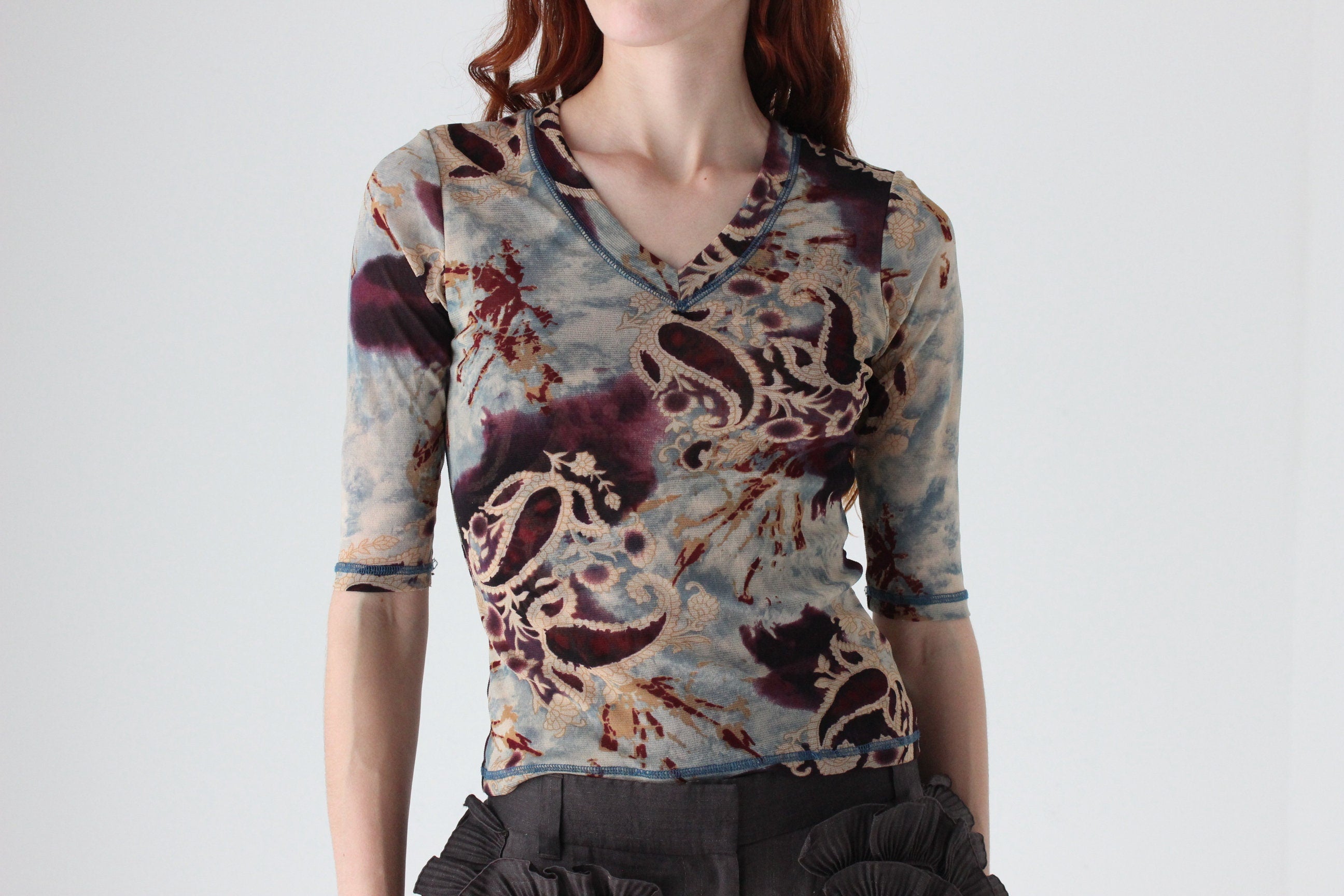 Y2K Designer Marylin Seyb Printed Baroque Mesh Top