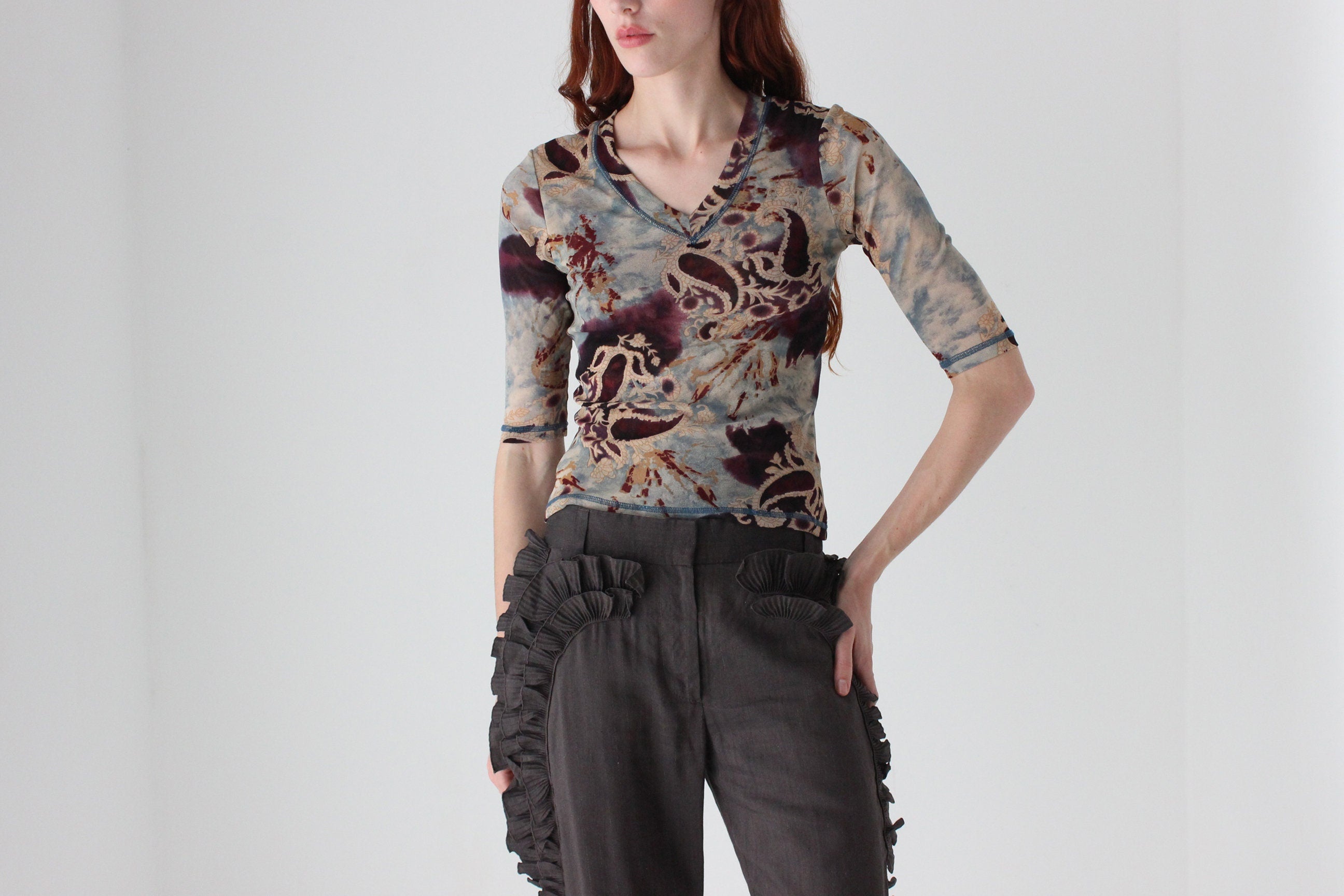 Y2K Designer Marylin Seyb Printed Baroque Mesh Top