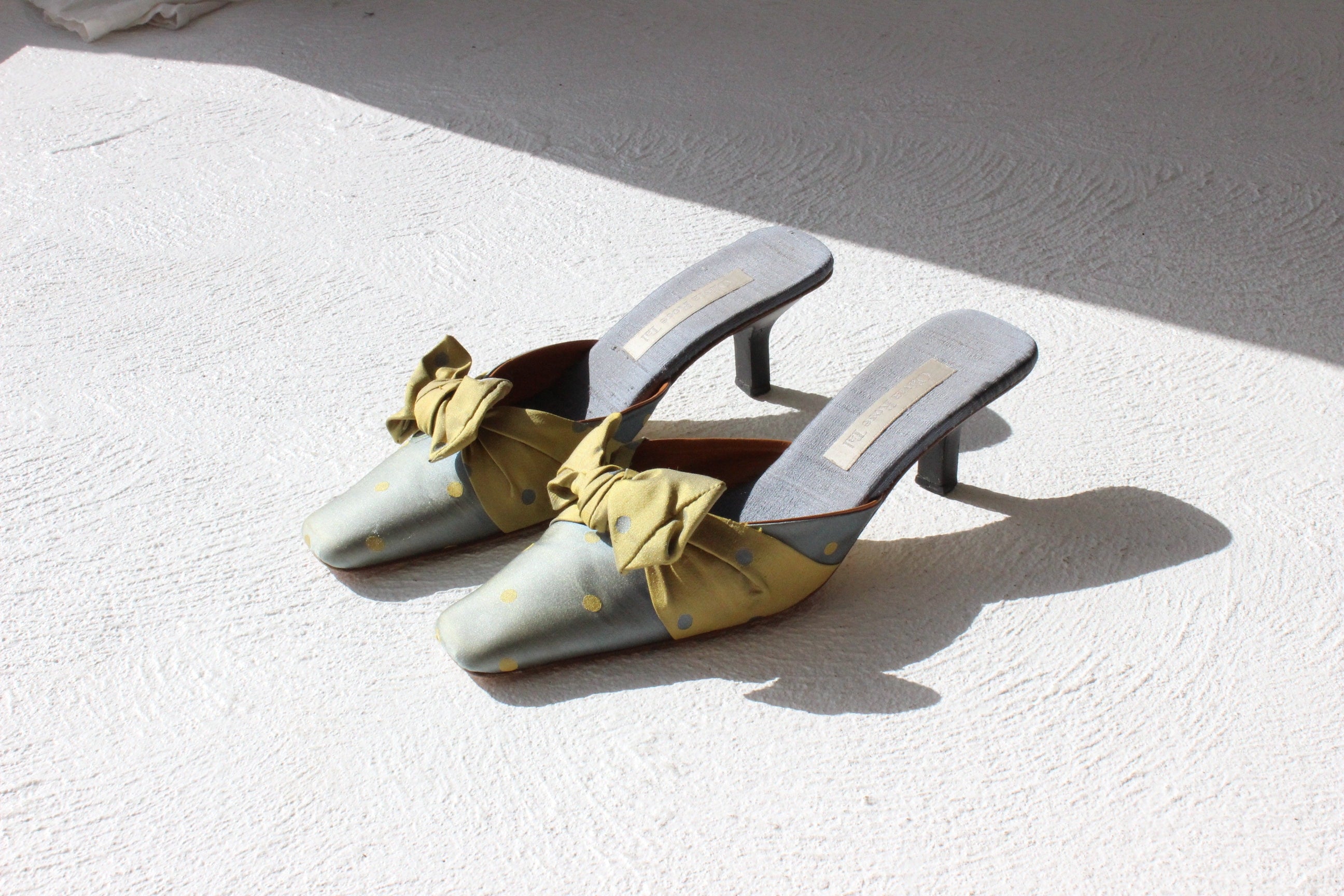 90s Olivia Rose Tal Raw Silk Polka Dot Bow Mules~ Euro 40