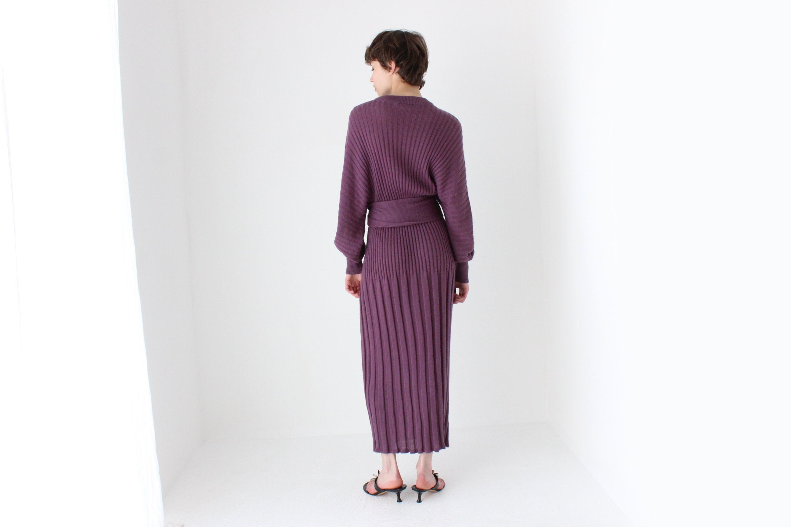 80s Sculptural Ribbed Pure Wool Batwing Sweater Dress