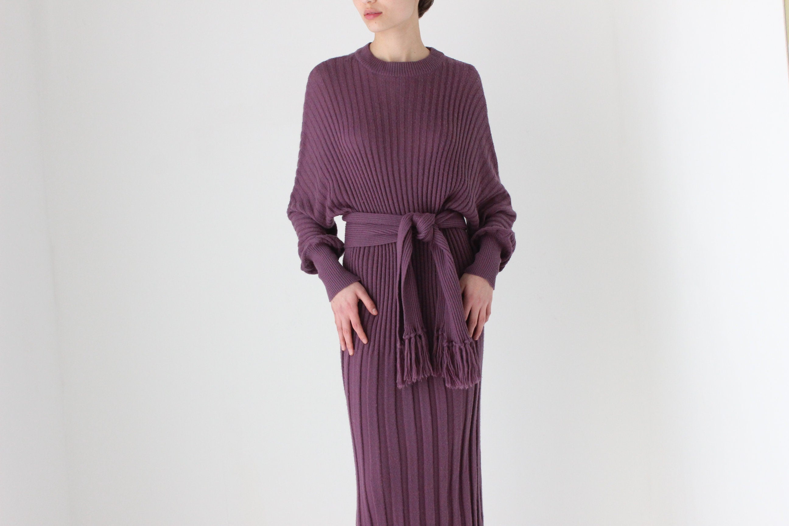 80s Sculptural Ribbed Pure Wool Batwing Sweater Dress