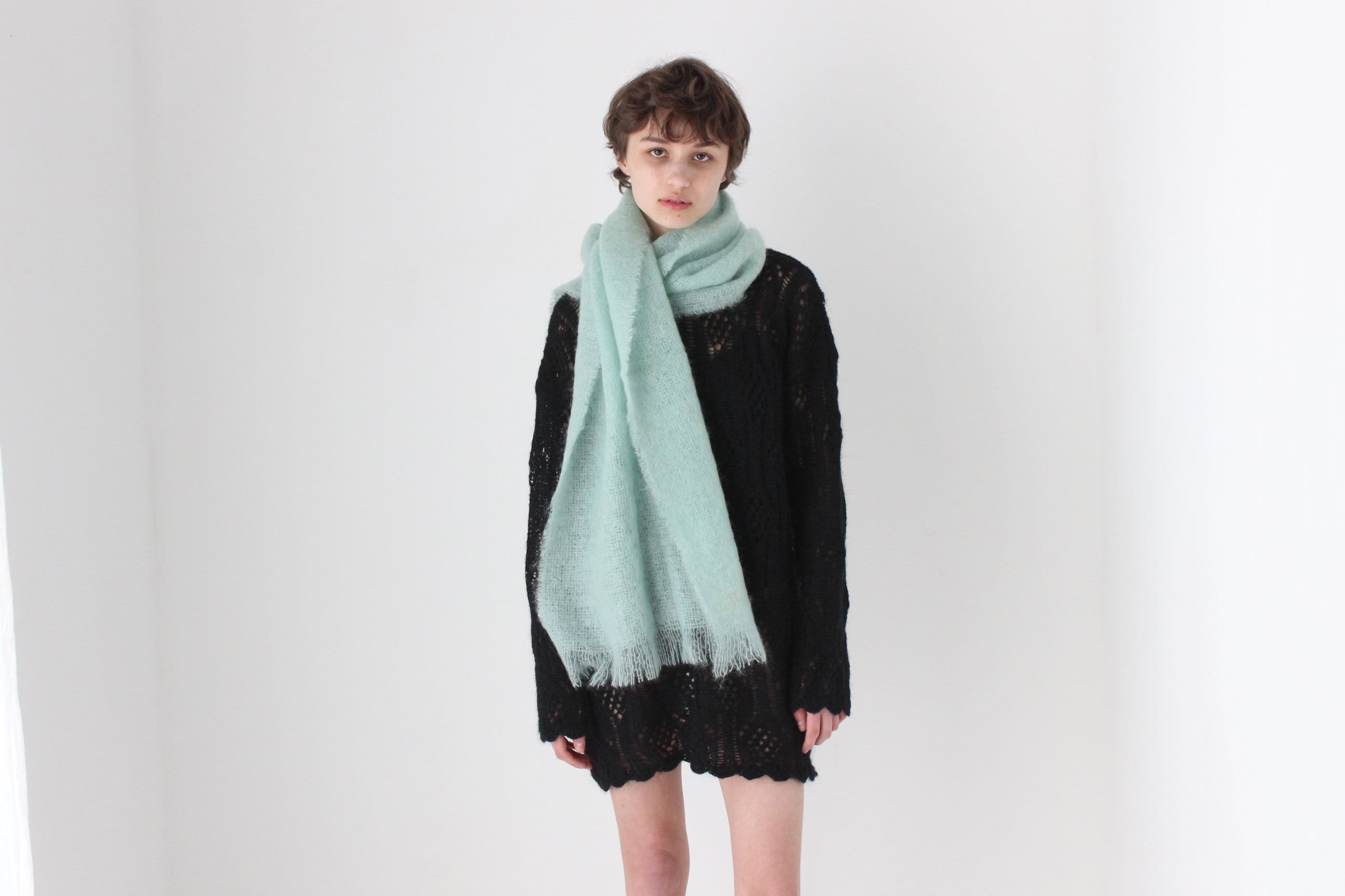 80s Scottish Mohair & New Wool Mint Green Oversized Scarf