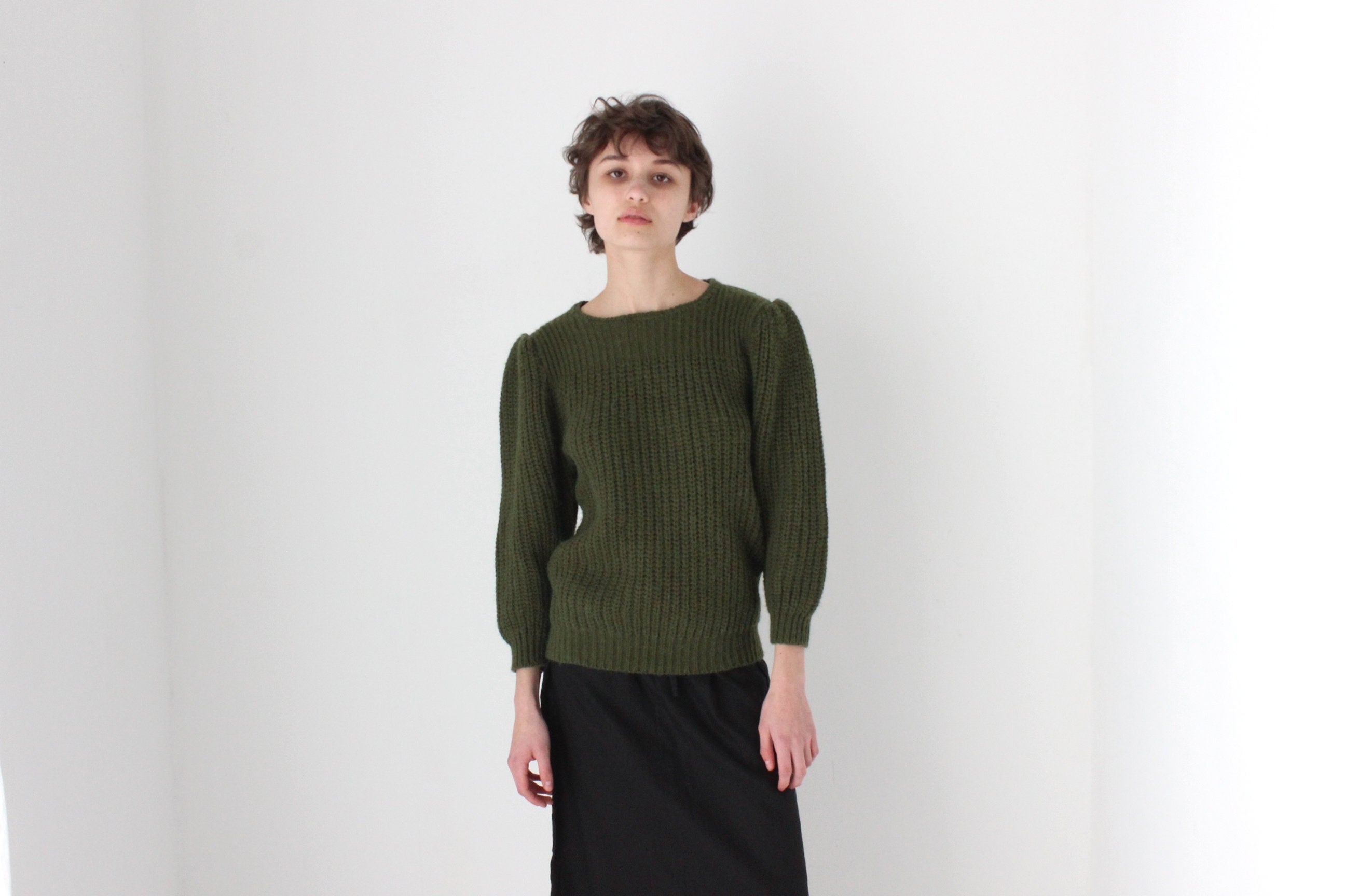 Soft 80s Puff Shoulder Knit Sweater in Khaki