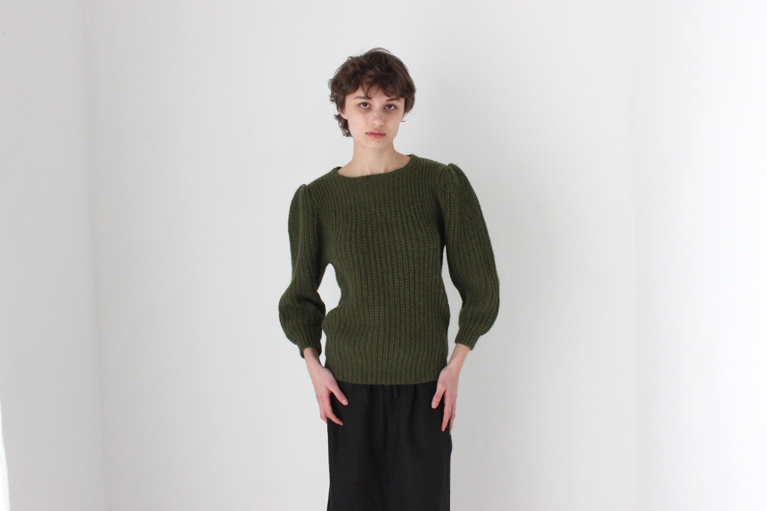 Soft 80s Puff Shoulder Knit Sweater in Khaki