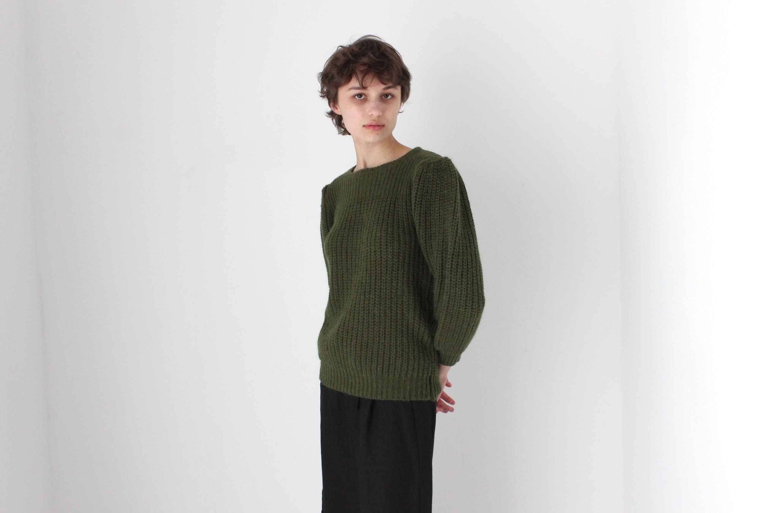 Soft 80s Puff Shoulder Knit Sweater in Khaki