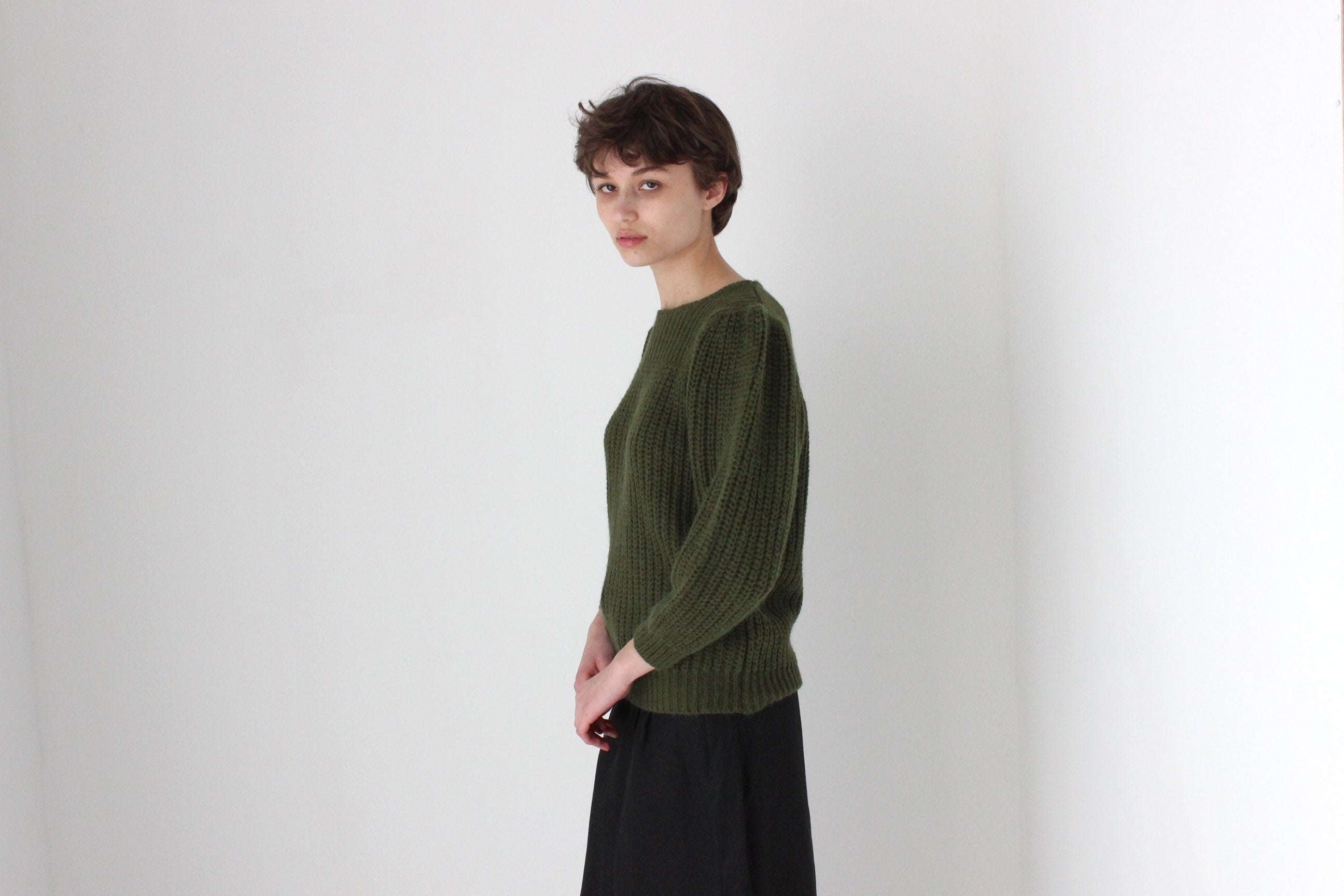 Soft 80s Puff Shoulder Knit Sweater in Khaki