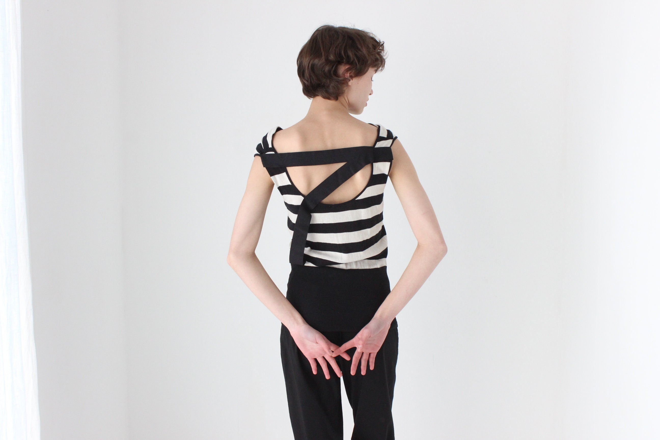 Y2K Bold Striped Cotton Knit High Neck Tank w/ Abstract Cut Out Back