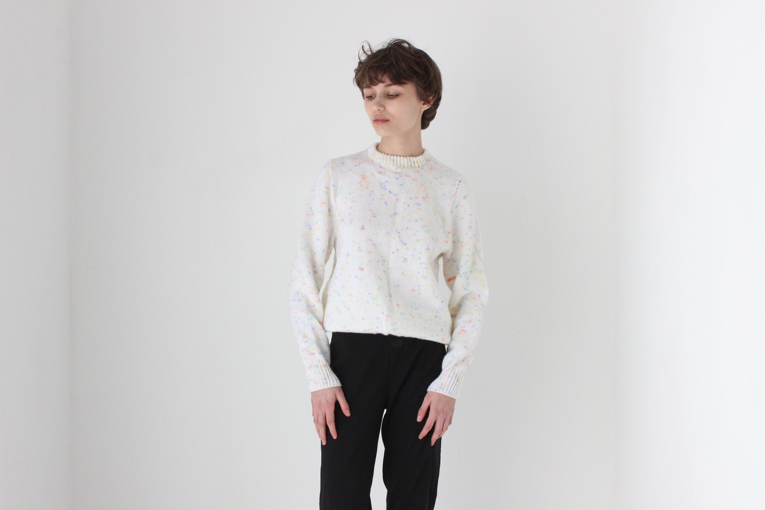 80s Hand Knit White 'Confetti' Speckle Sweater
