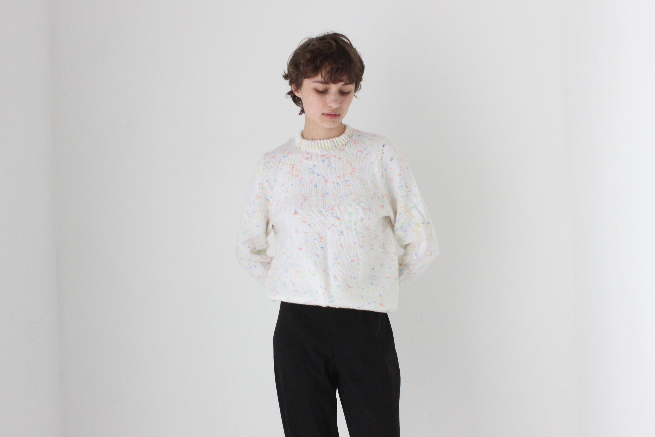 80s Hand Knit White 'Confetti' Speckle Sweater