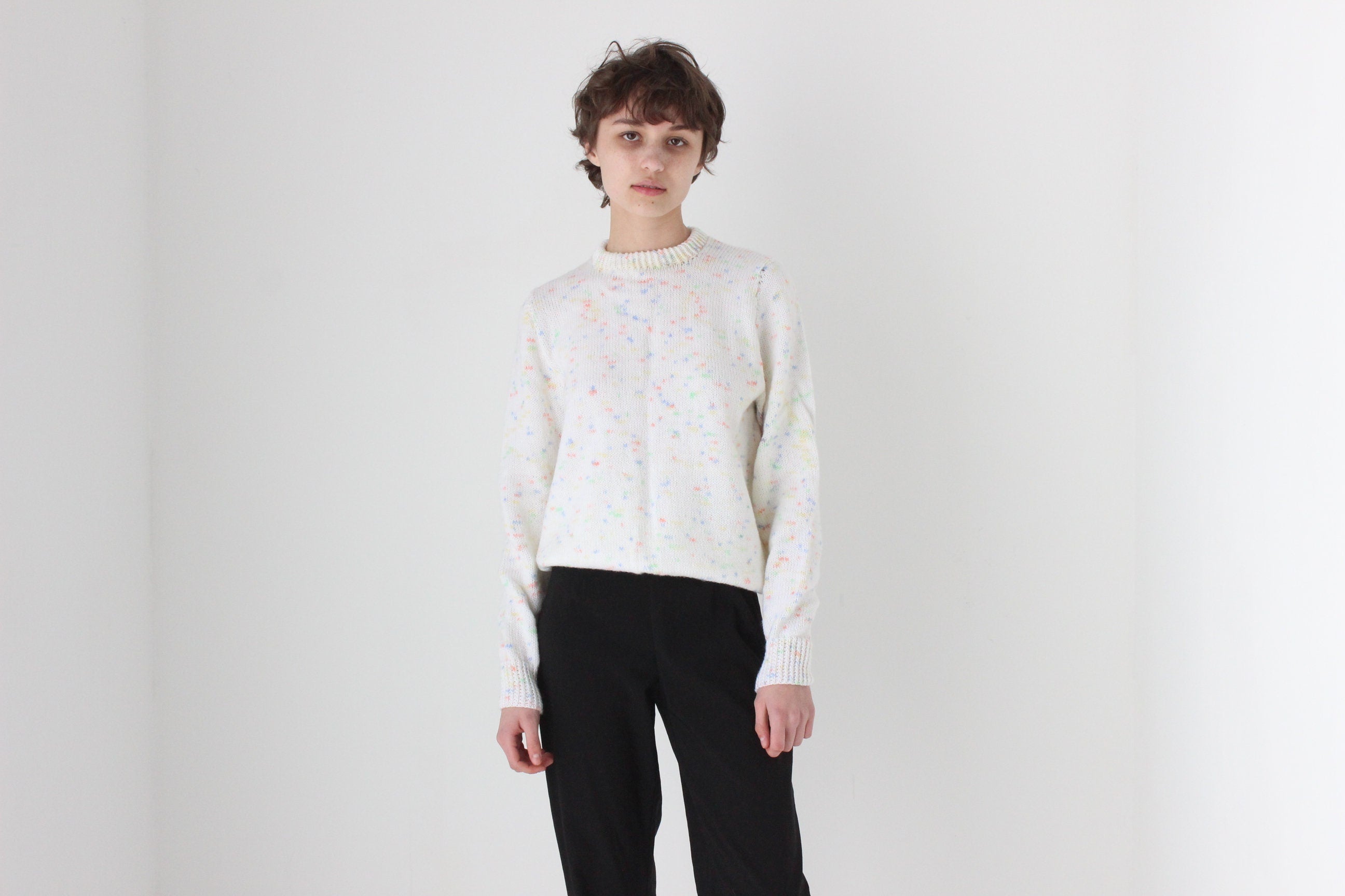 80s Hand Knit White 'Confetti' Speckle Sweater